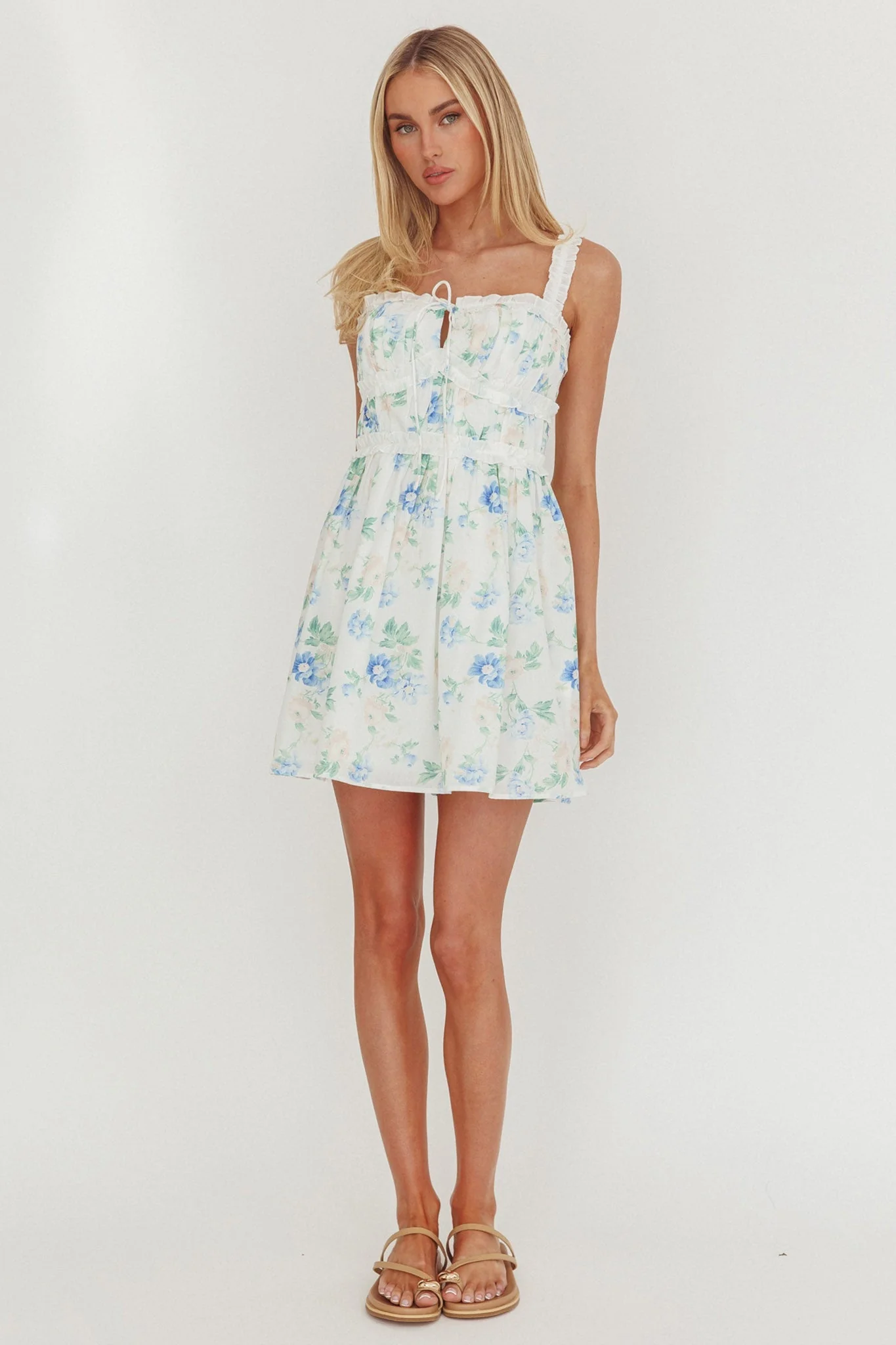 Jordanne Frill Trim Mini Dress Floral Blue