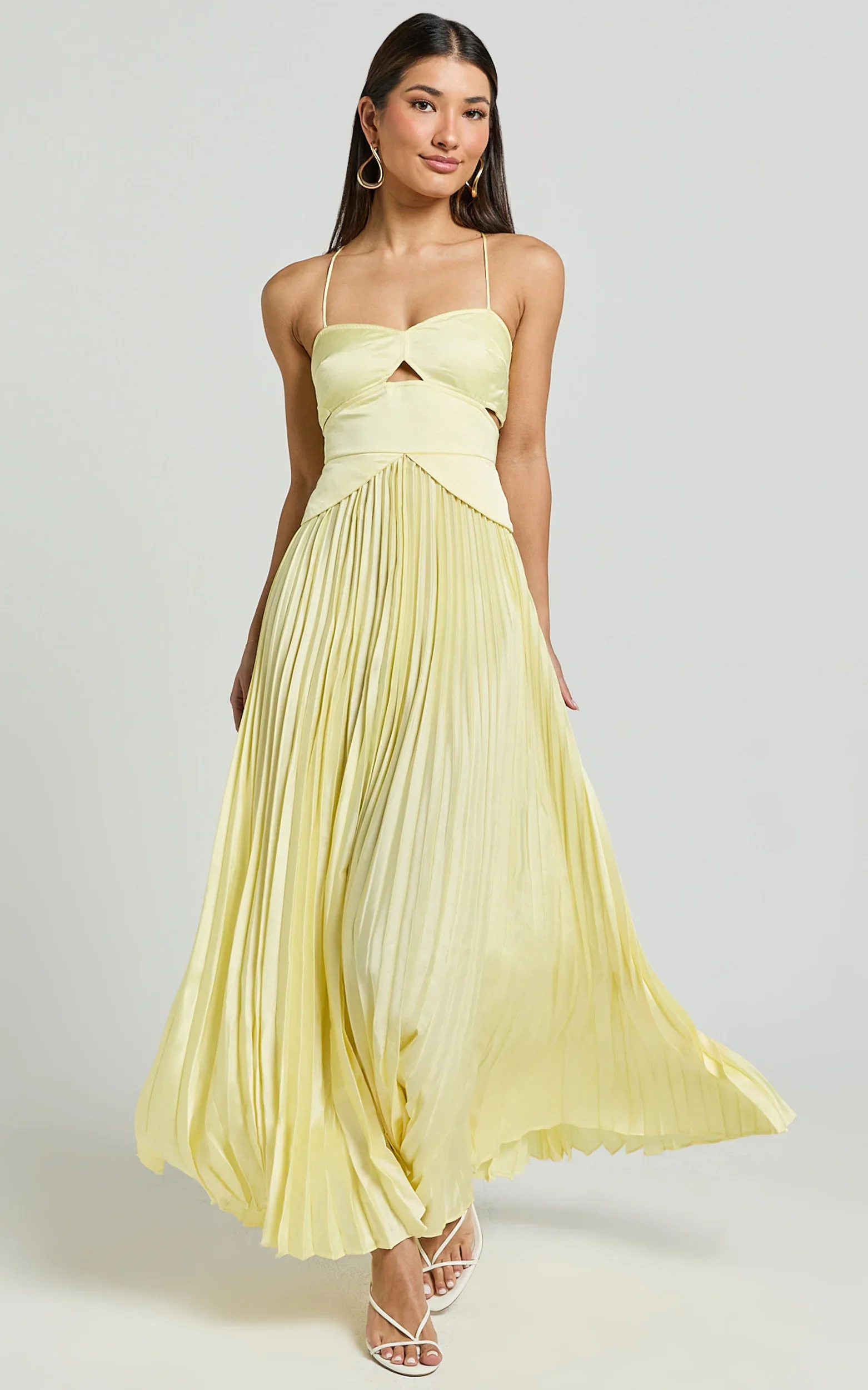 Shay Maxi Dress Sweetheart Cut Out Pleated Dress in Lemon