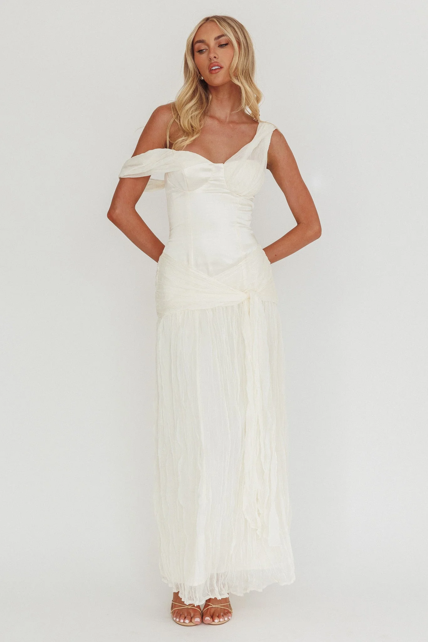 Keia Crepe Chiffon One-Shoulder Maxi Dress Oyster