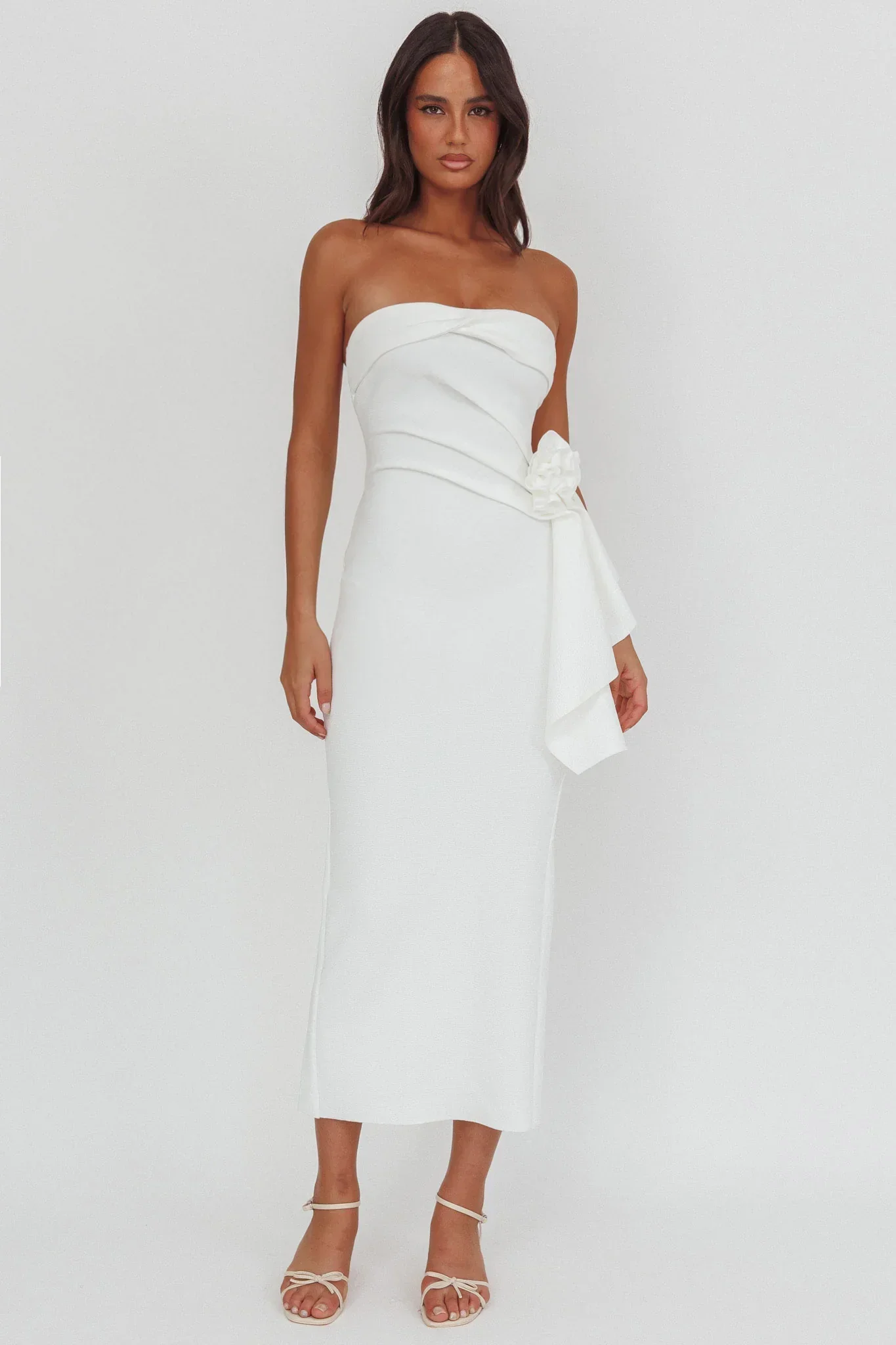 Sasha Cascade Ruffle Rosette Midi Dress White
