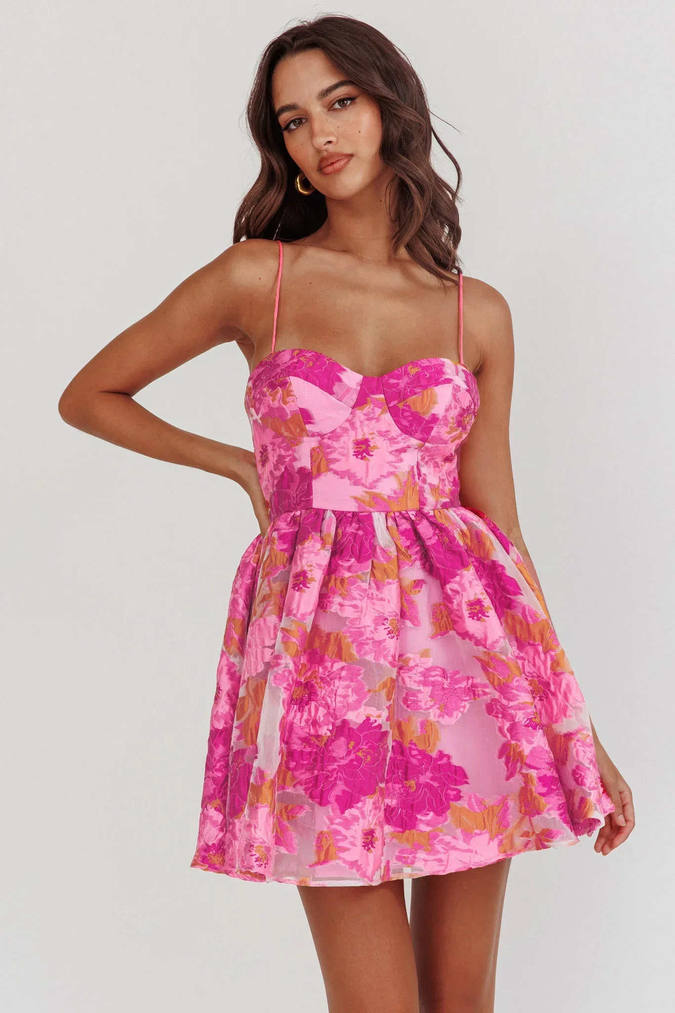 Belle Enchante Cami Strap Jacquard Mini Dress Pink