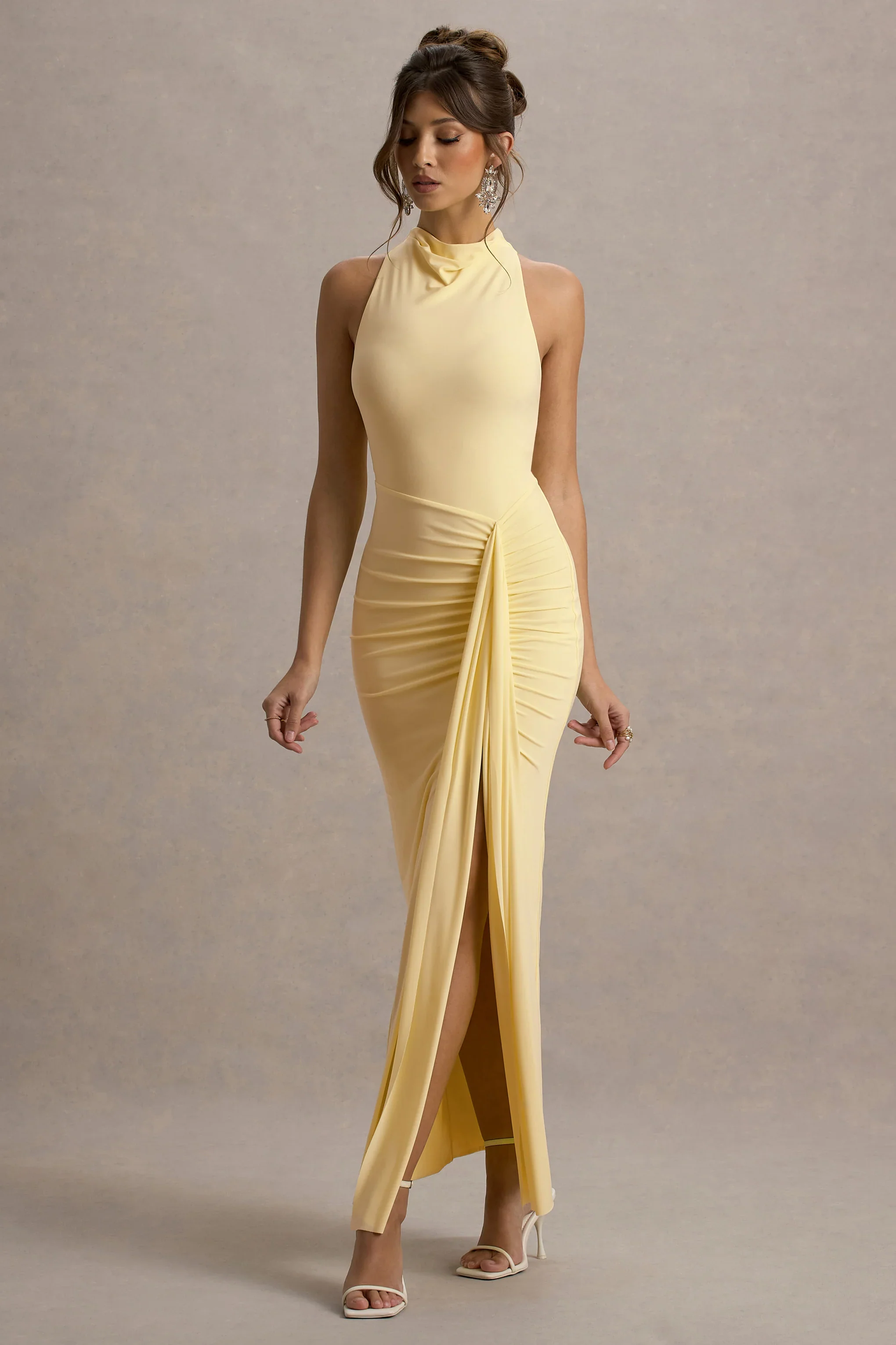 Sunflower | Pale Lemon Ruched High-Neck Split Maxi Dress