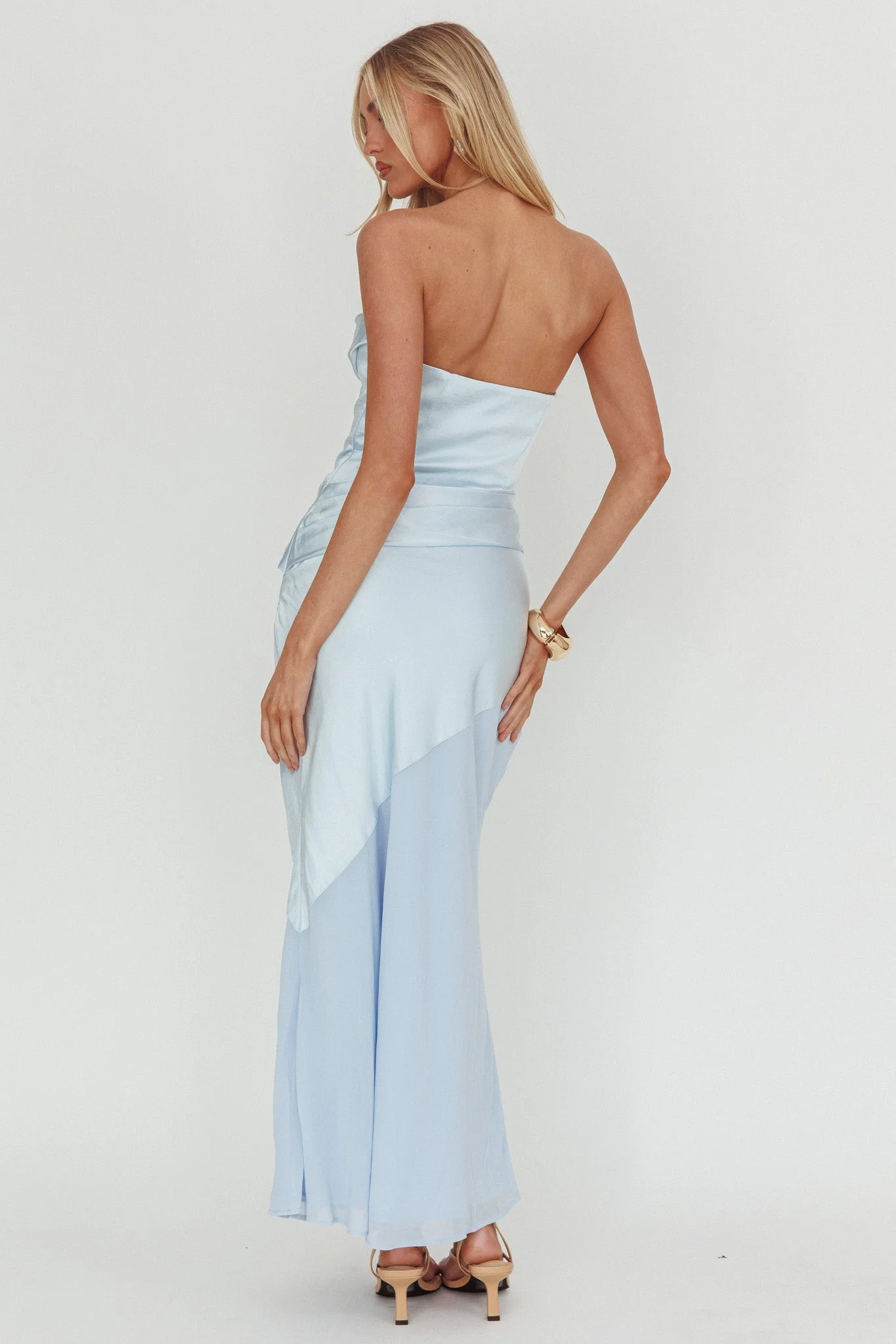 Moon Aura Pleat Detail Strapless Maxi Dress Blue