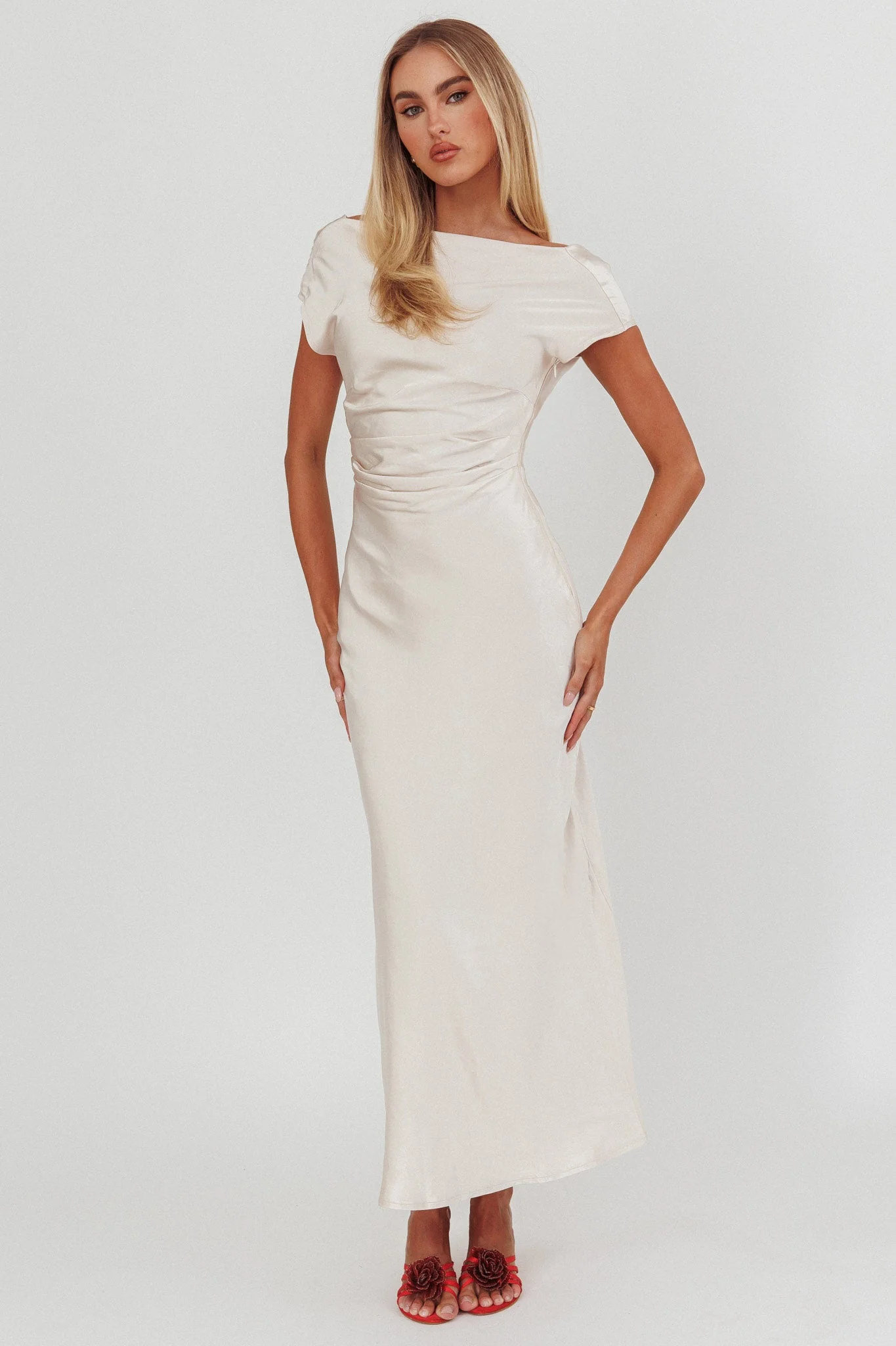 Loveland Cap Sleeve Cowl Back Midi Dress Champagne