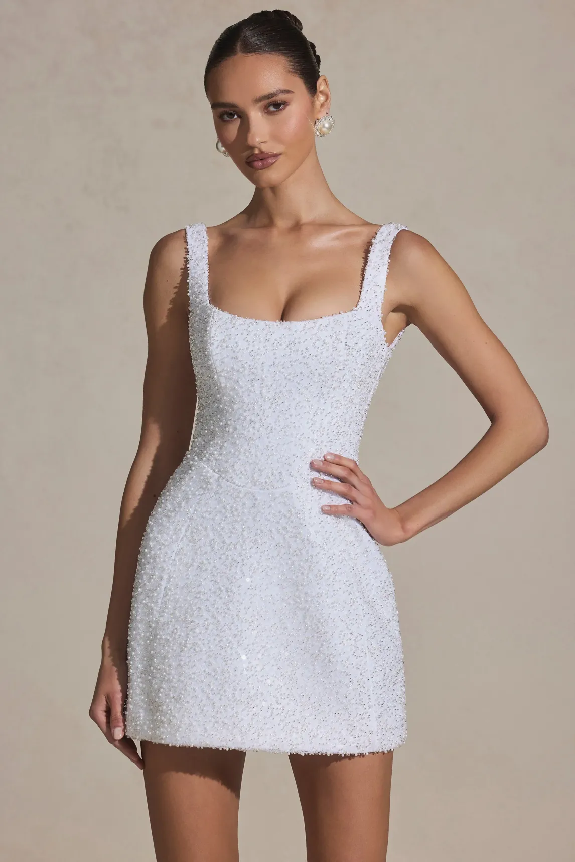 Embellished Structured A-Line Mini Dress in White