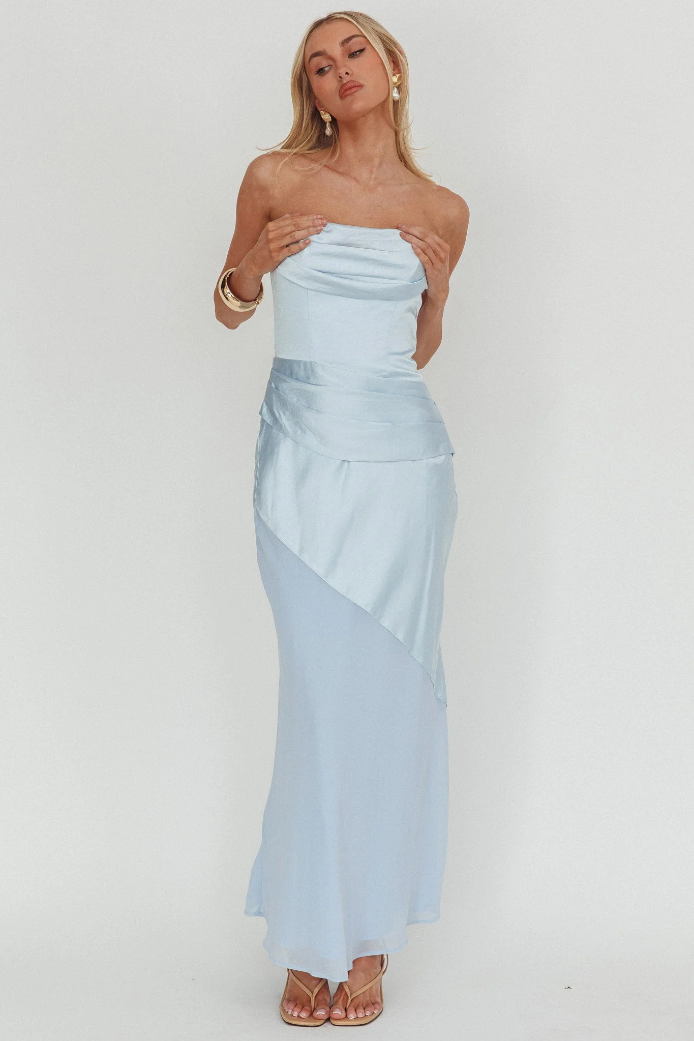 Moon Aura Pleat Detail Strapless Maxi Dress Blue