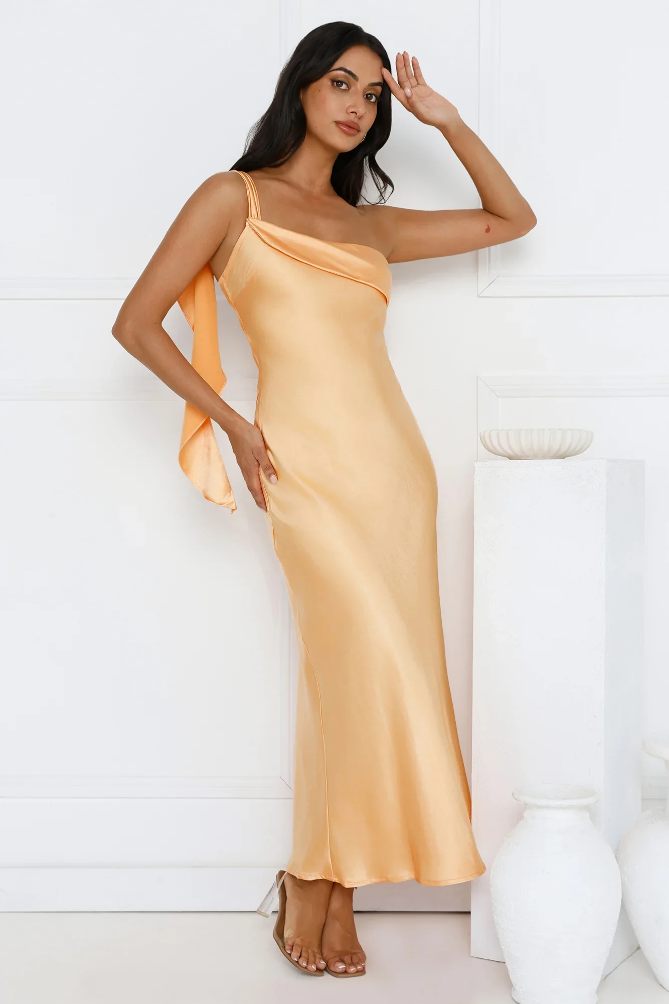 Romantic Tales Satin One Shoulder Maxi Dress