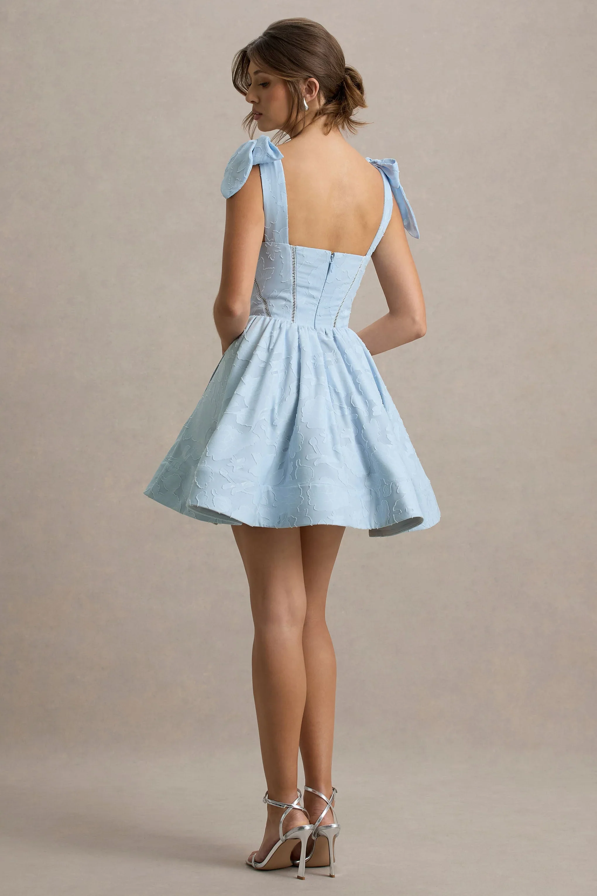 Bethani | Light Blue Skater Mini Dress With Bow Straps