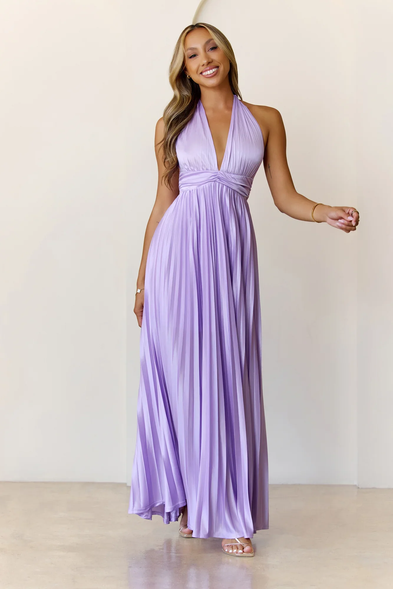 Shimmering Sea Pleated Halter Maxi Dress