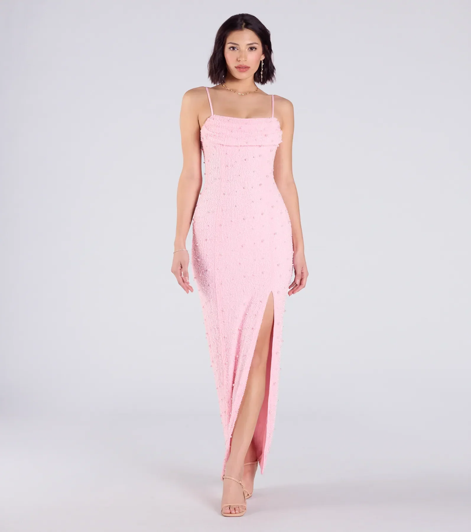 Klara Cowl Neck Faux Pearl Bead Column Dress