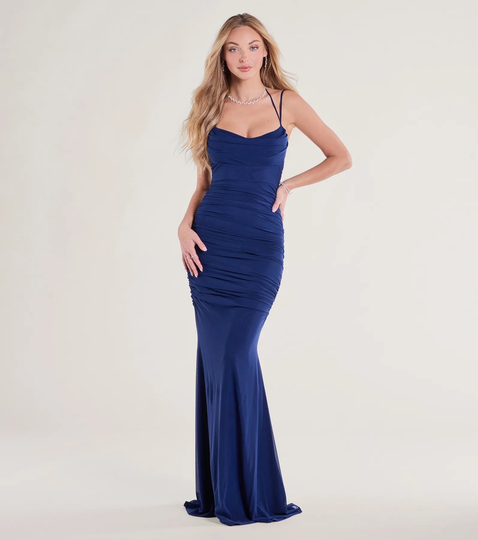 Jae Formal Mesh Ruched Mermaid Long Dress