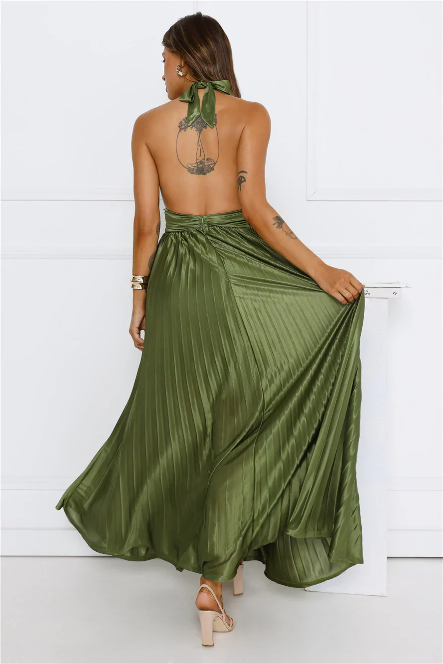 Shimmering Sea Pleated Halter Maxi Dress