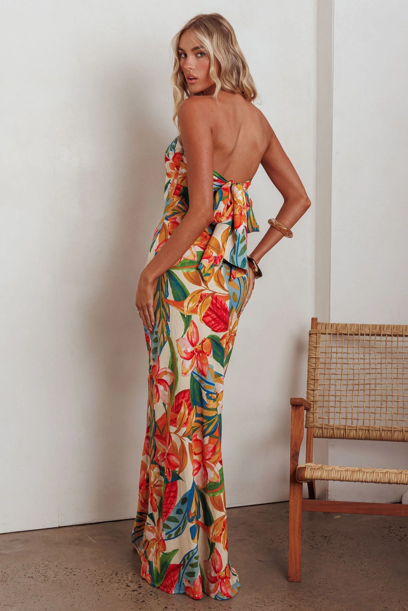 Bird Of Paradise Tied Cowl Back Maxi Dress Botanical