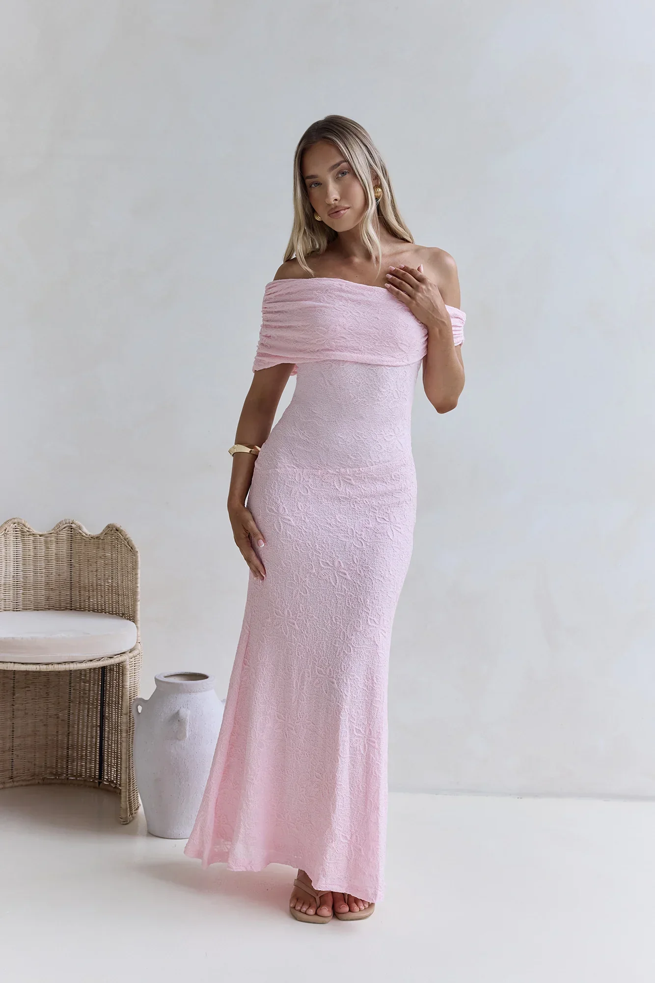 Sea And Selfies Off Shoulder Maxi Dress Pink