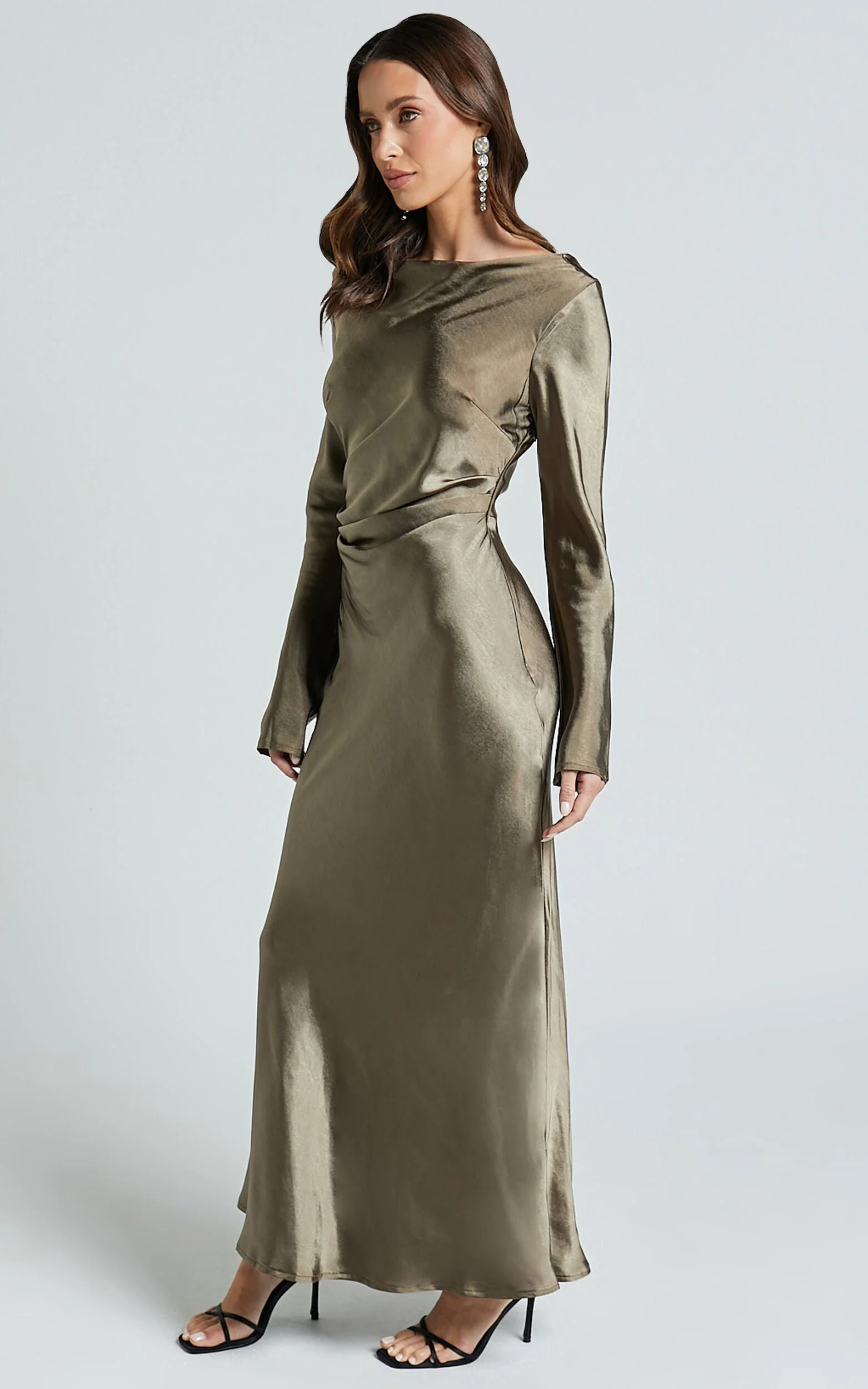 Arriana Midi Dress - Long Sleeve Cowl Back Satin Dress in Dark Olive