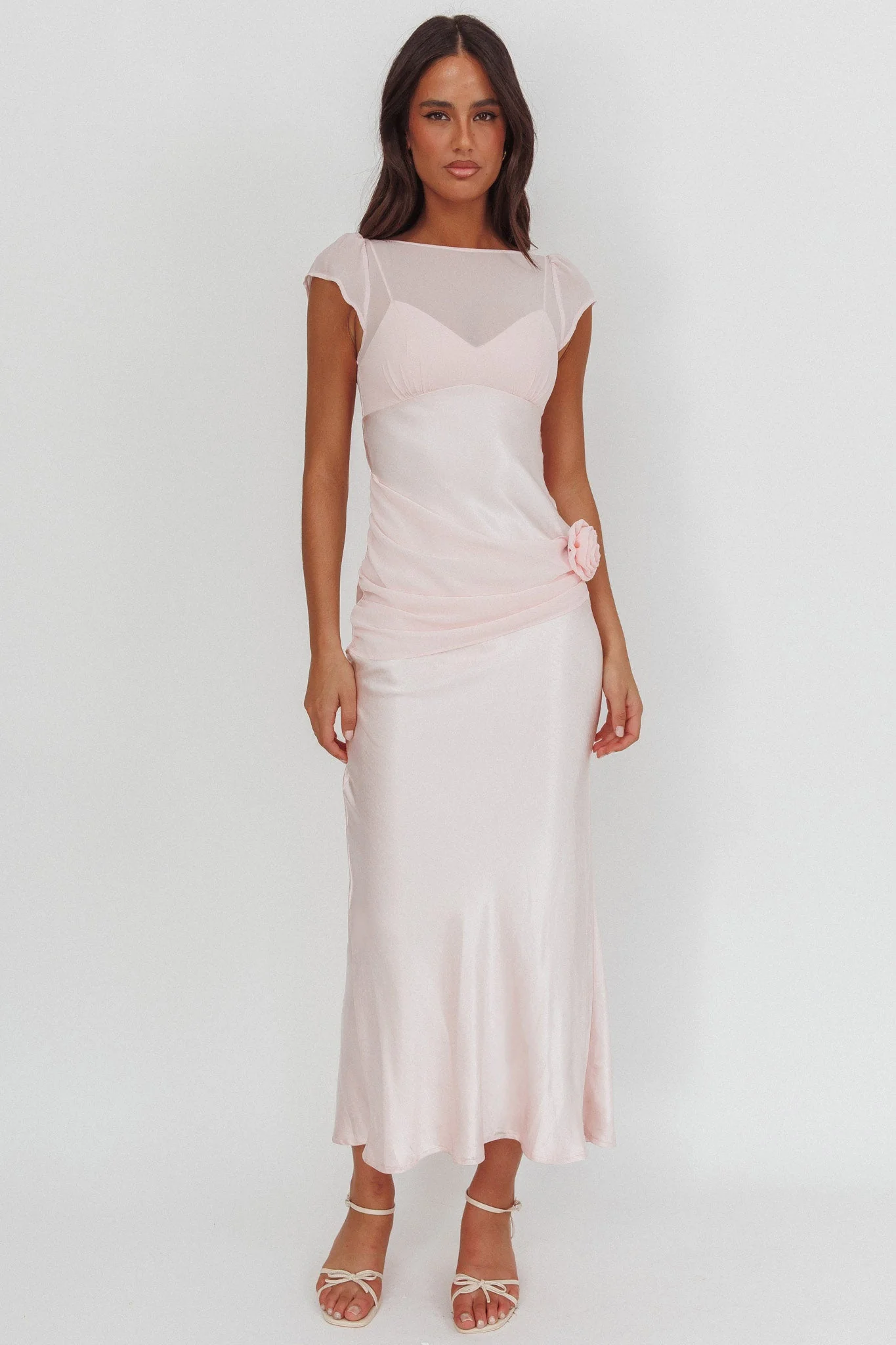 Enchanted Dusk Cap Sleeve Rosette Maxi Dress Pink