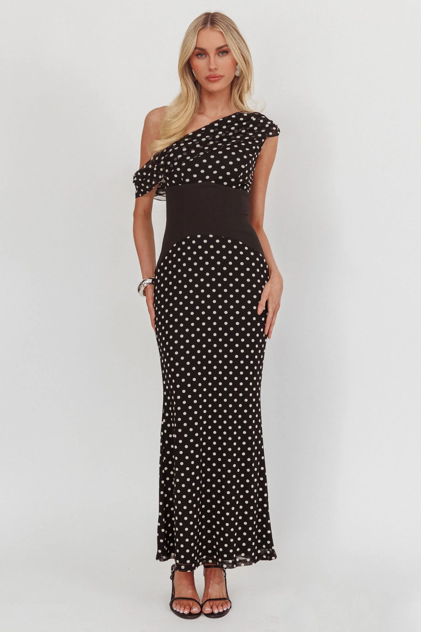 Milos Asymmetric Neckline Maxi Dress Black Dot
