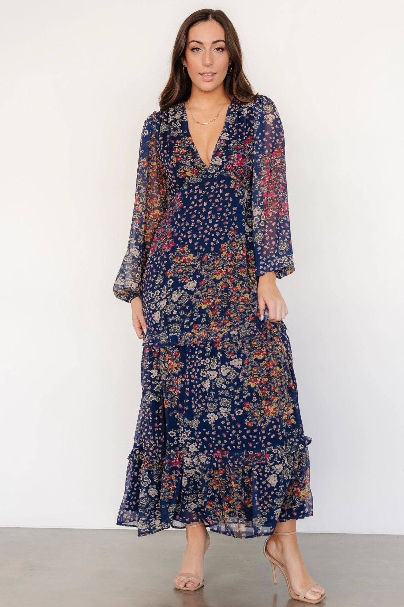 Bowman Deep V Maxi Dress | Dark Blue Multi