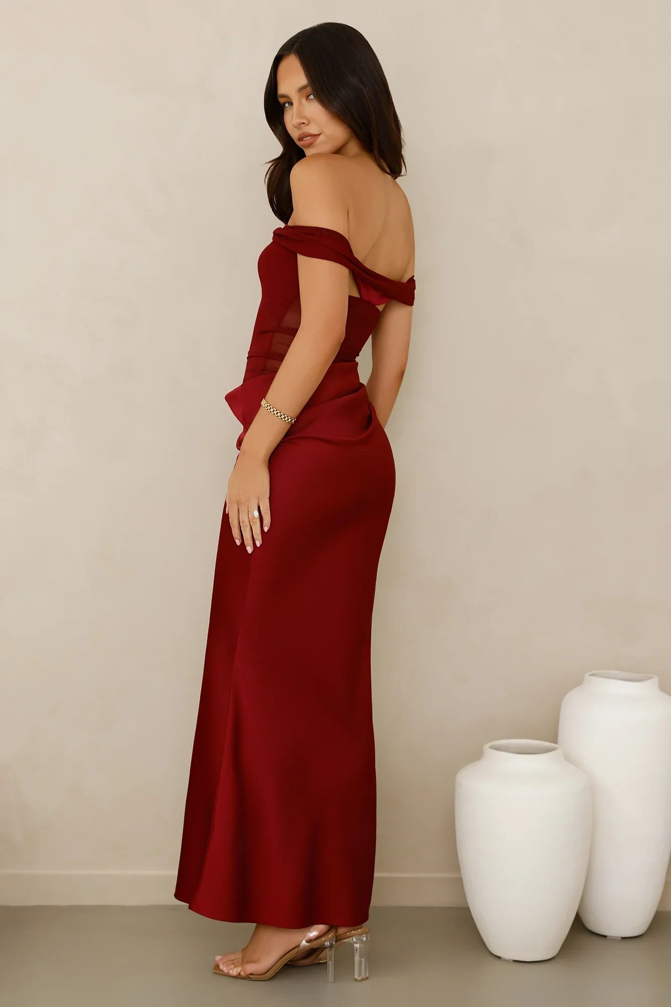 Silent Dreams Mesh Satin Off Shoulder Maxi Dress
