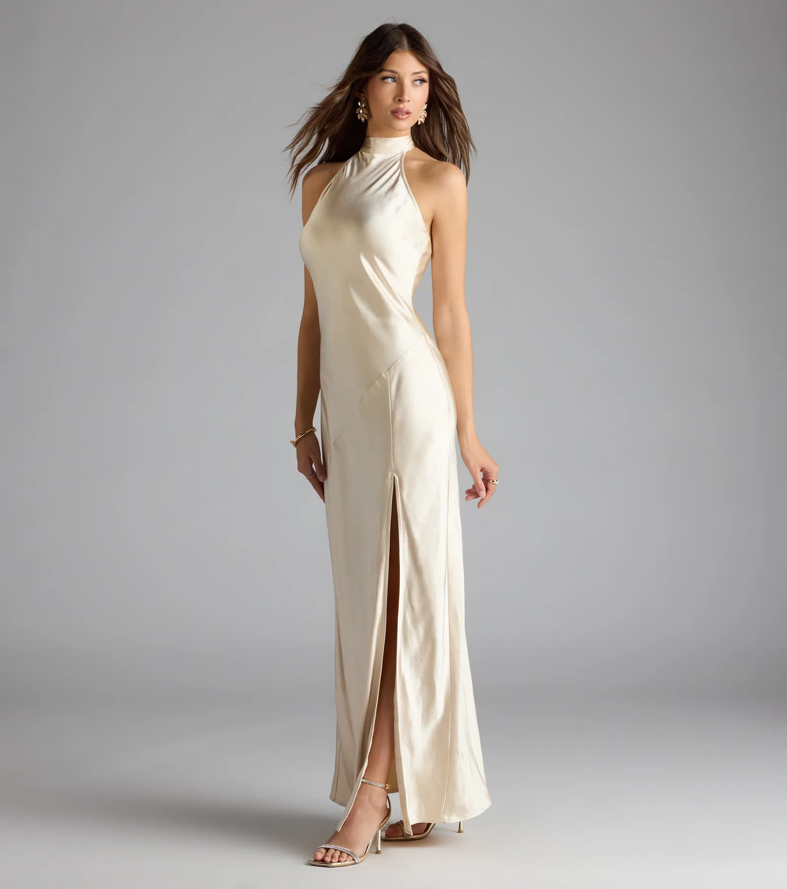 Andie Halter Open Back Slit Satin Formal Dress