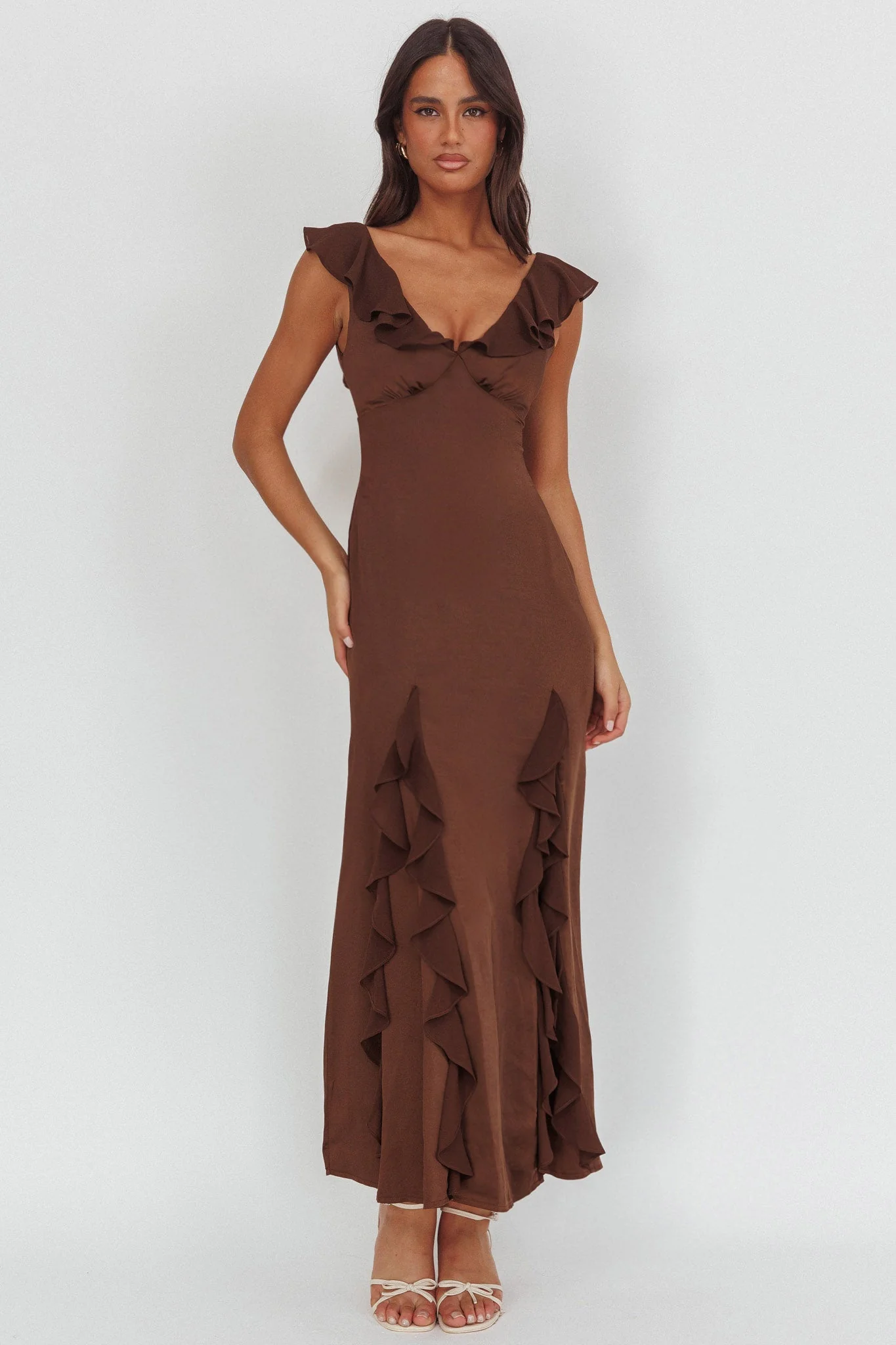 Zerai Ruffle Trimmed Maxi Dress Chocolate