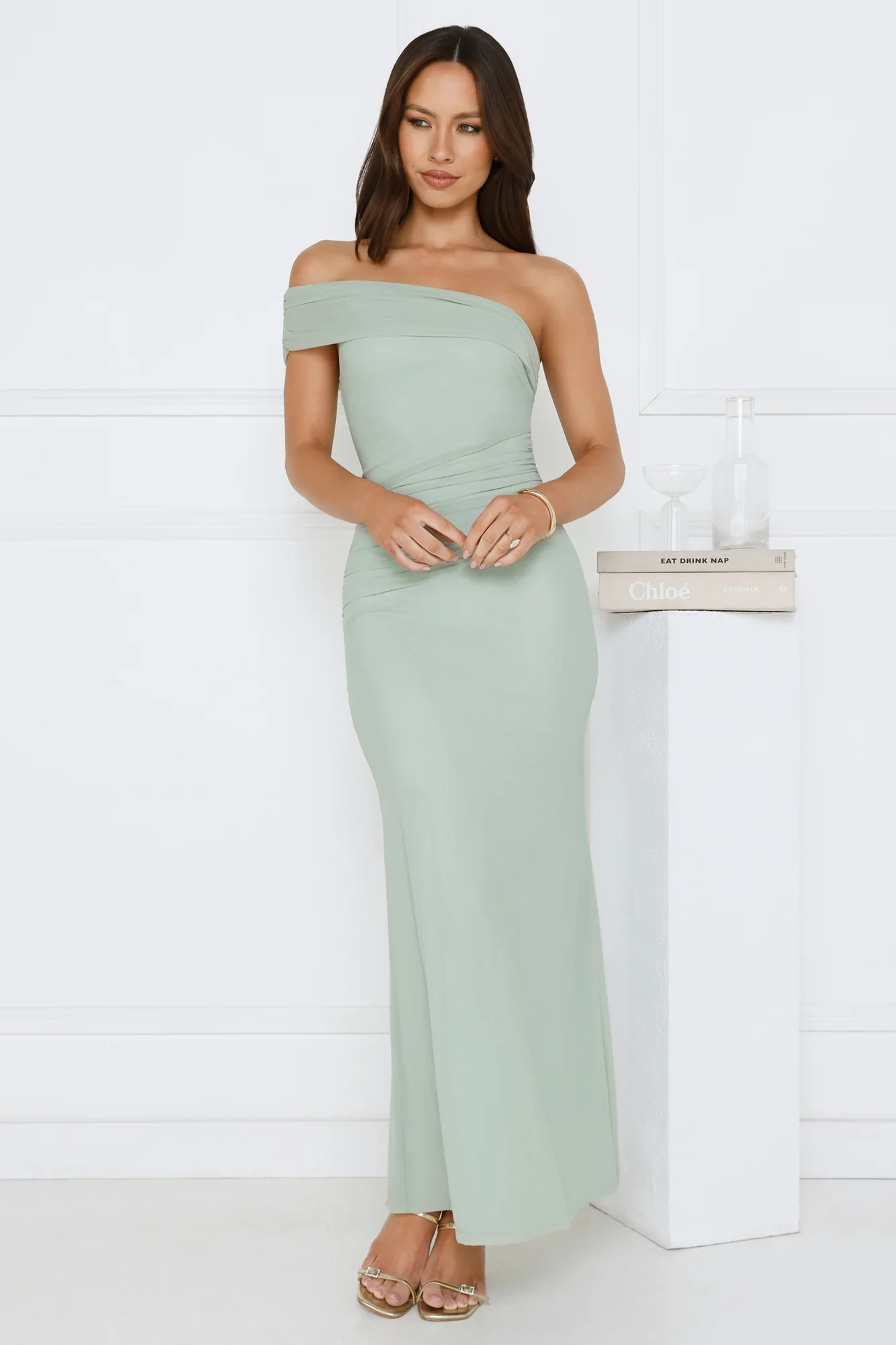Wild Whimsy One Shoulder Mesh Maxi Dress Sage