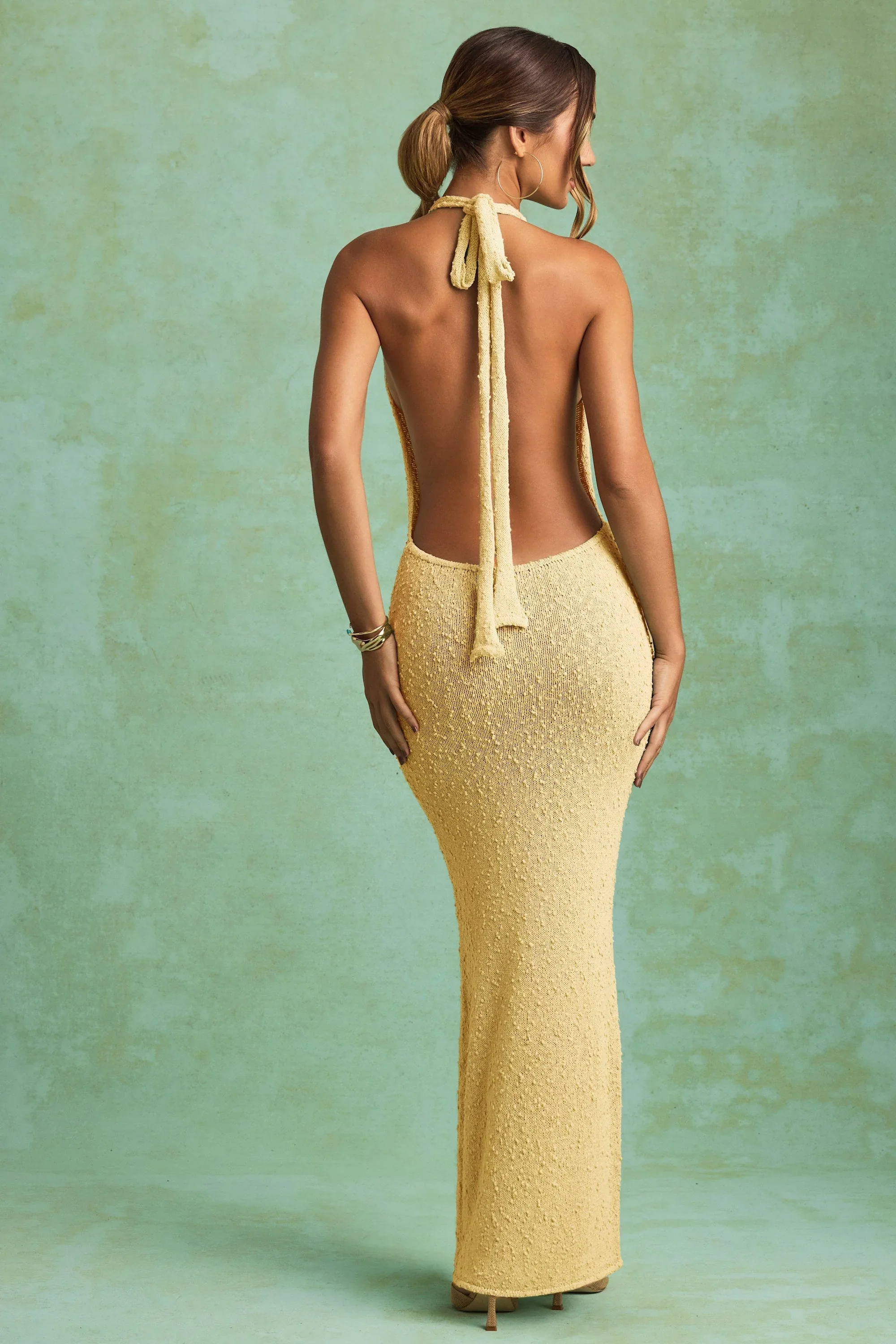 Bouclé Halterneck Maxi Dress in Yellow