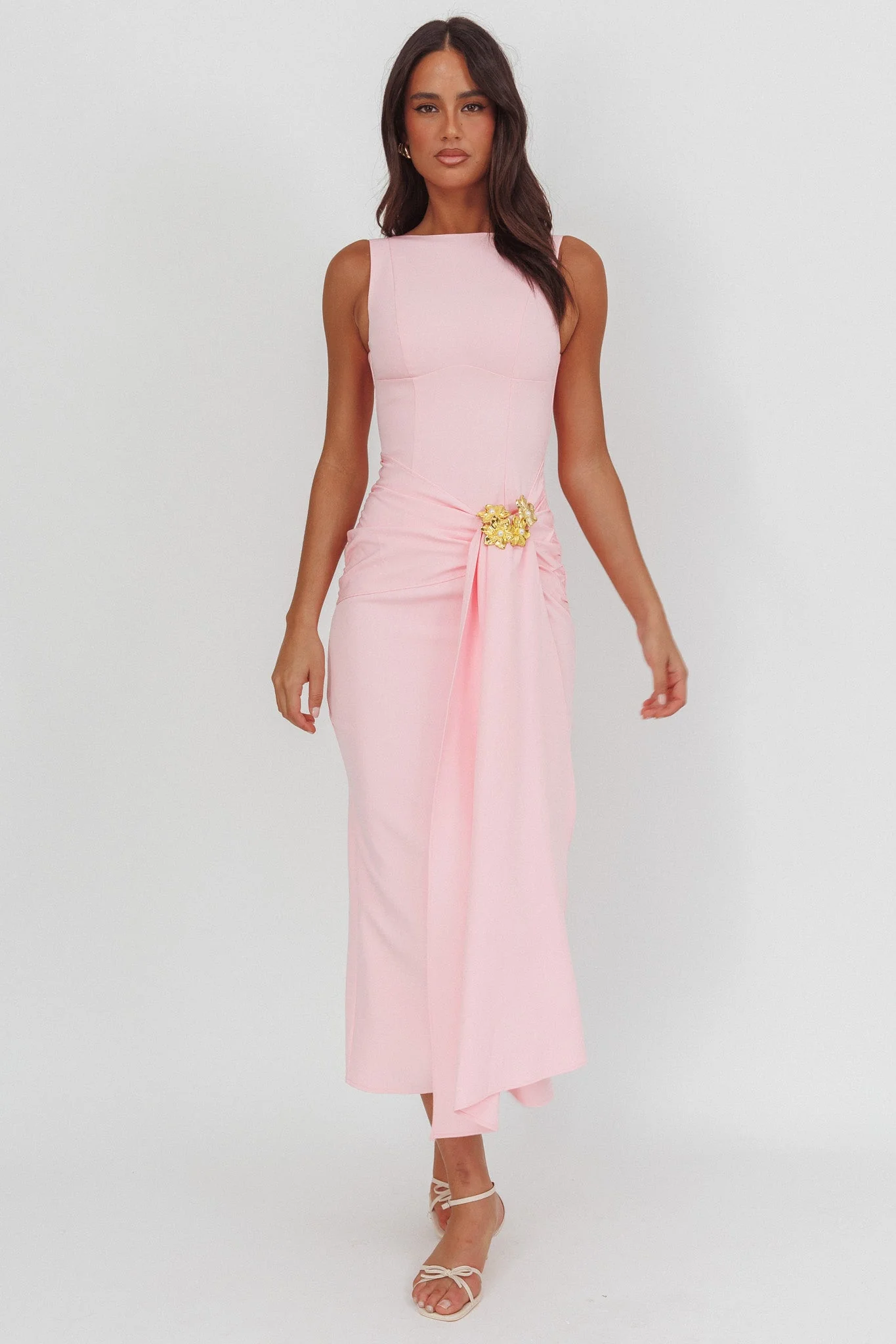 Zimora Gold Buckle Waist Drape Maxi Dress Pink