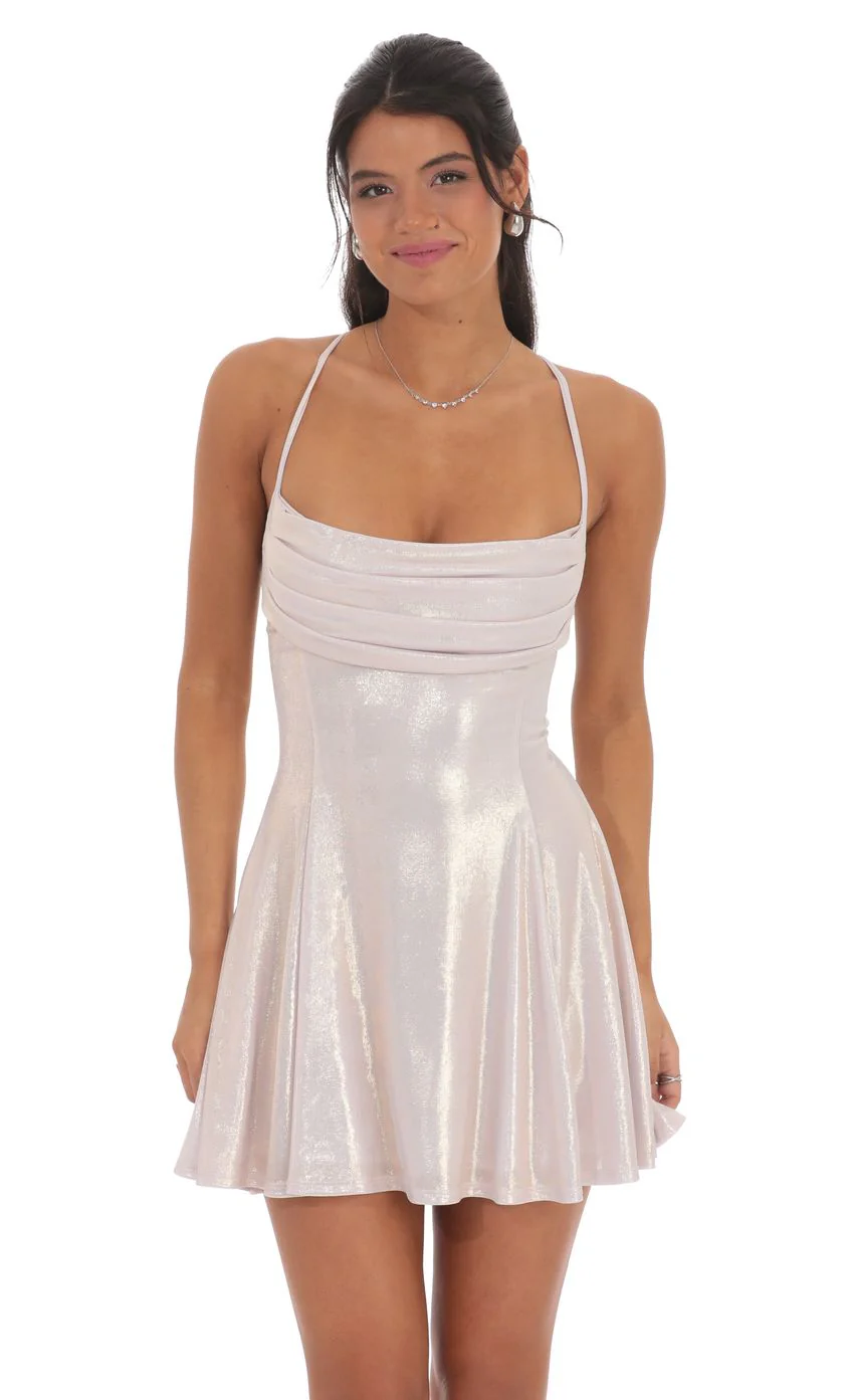Metallic Draped A-Line Dress in Rose Gold