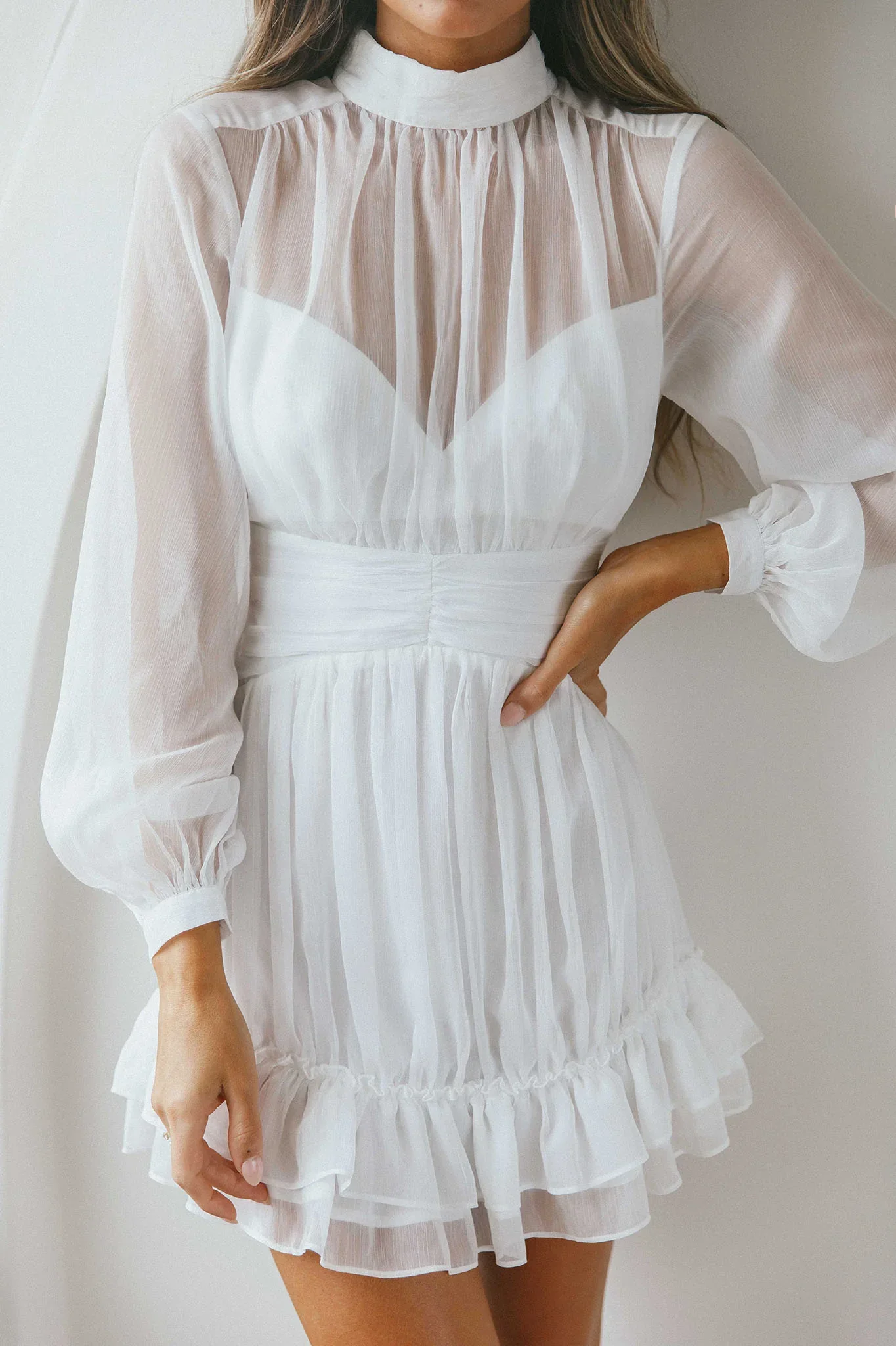 Mandalay High Neck Long Sleeve Waistband Dress White