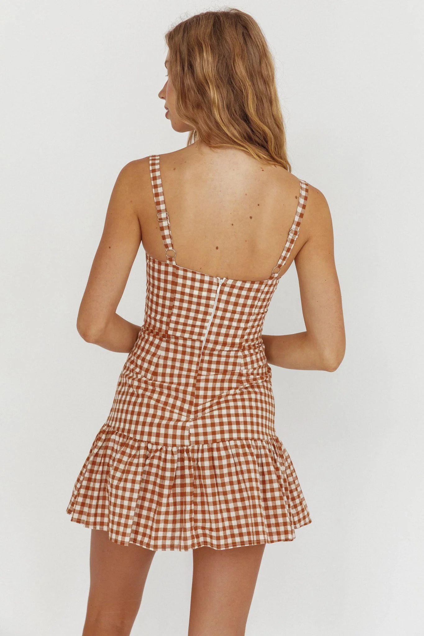 Rachelle Tied Bust Ruched Mini Dress Spotted Tan Check