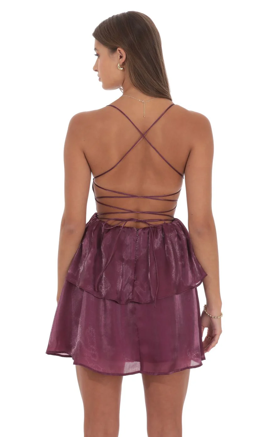 Sheen Ruffle Lace Up Dress in Plum