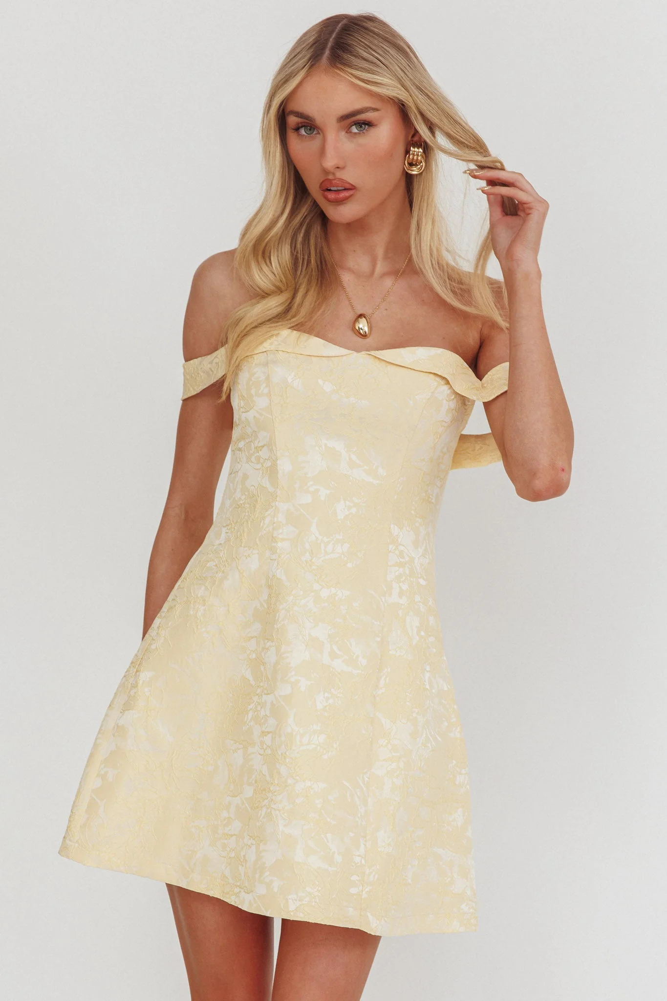Mikado Off-Shoulder Foldover Mini Dress Jacquard Butter