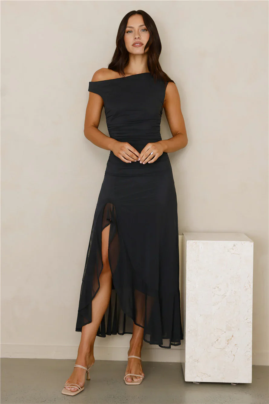 Effortless Girl Off Shoulder Mesh Midi Dress
