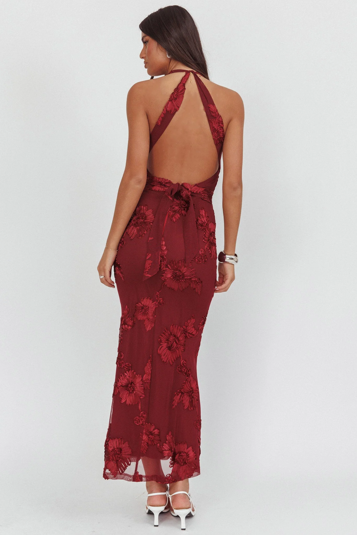 Cipriana Backless Halter Maxi Dress Embellished Wine