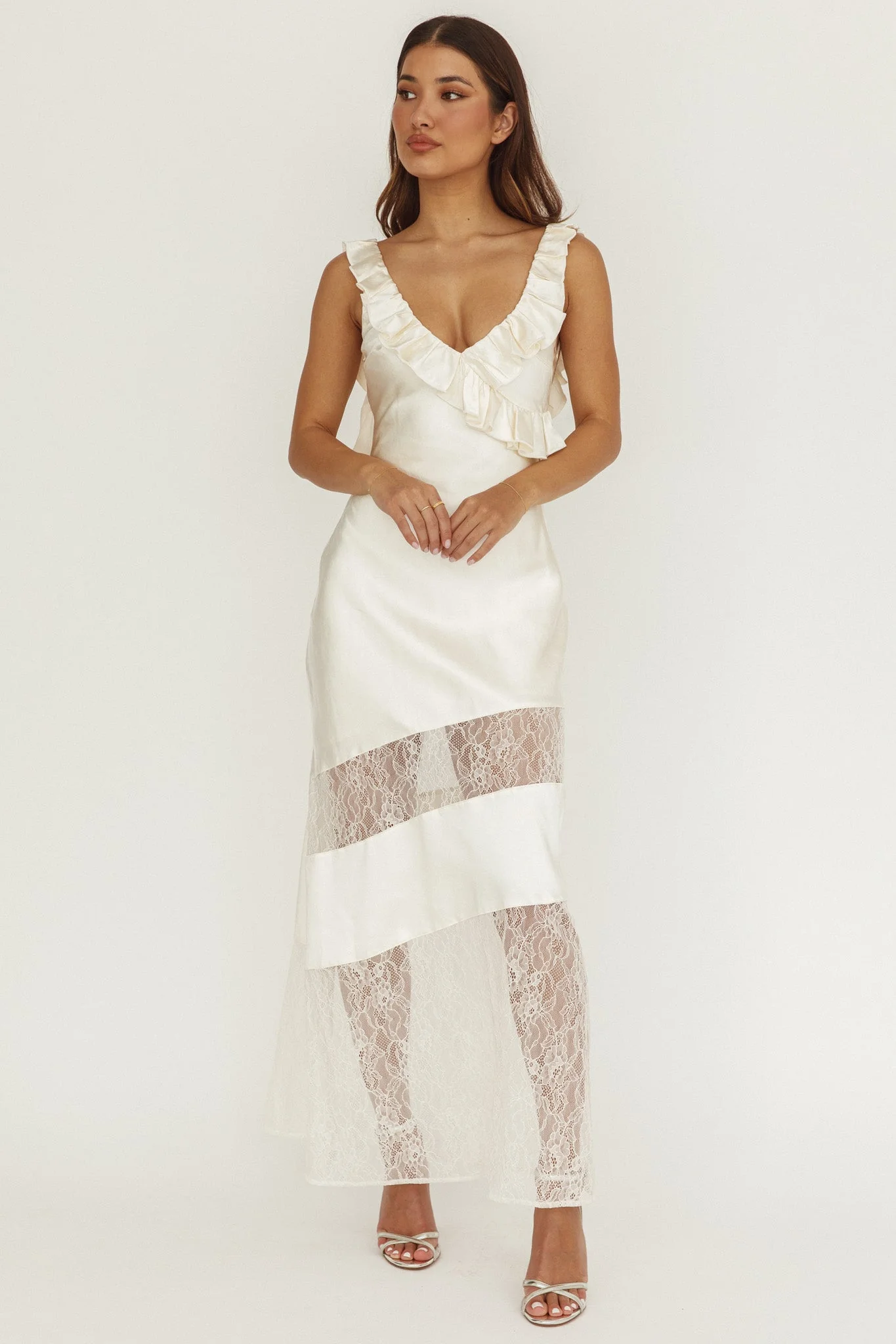 Alba Frill & Lace Trim Maxi Dress Oyster