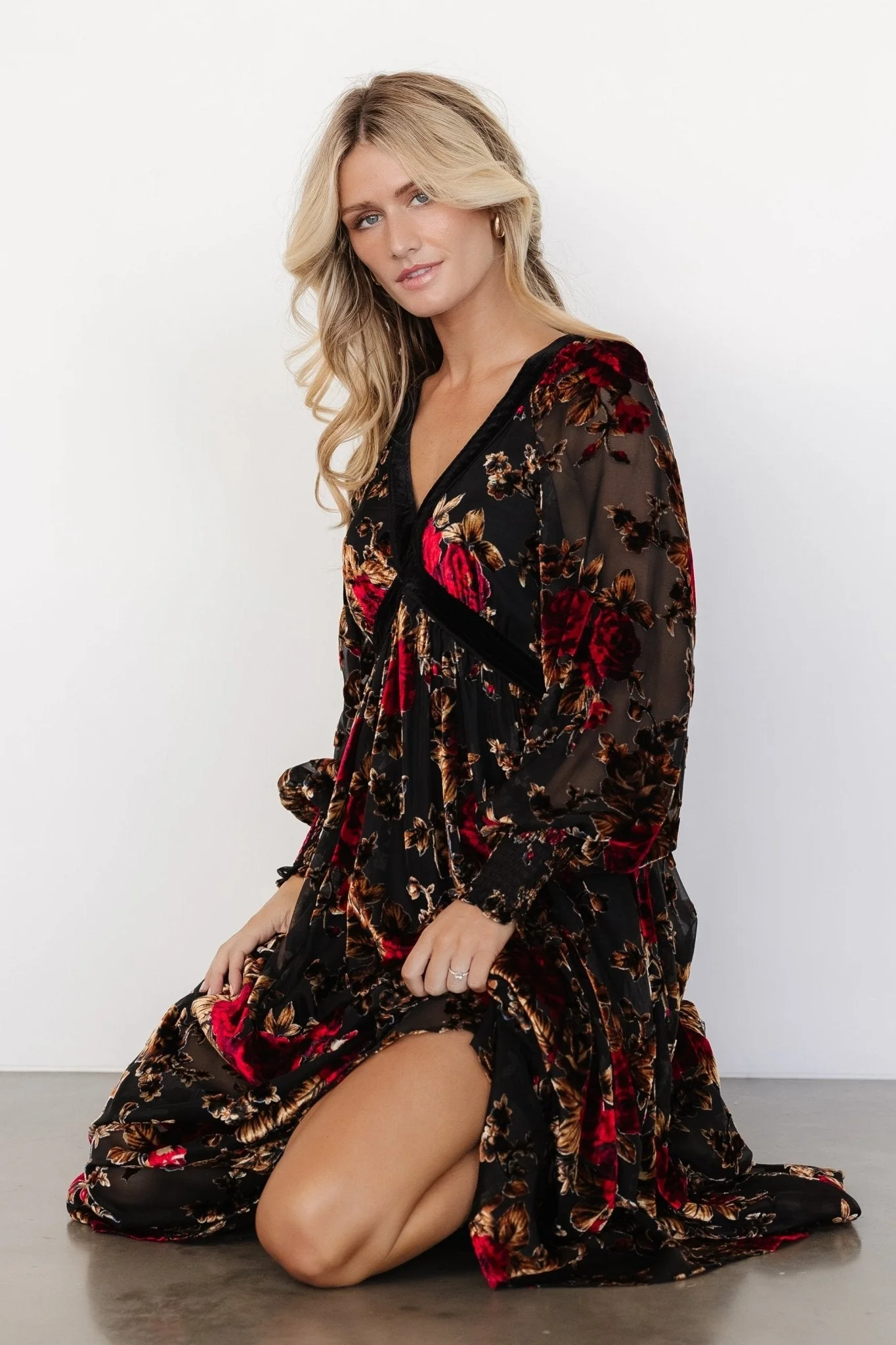 Adele Velvet Dress | Black + Rose Floral