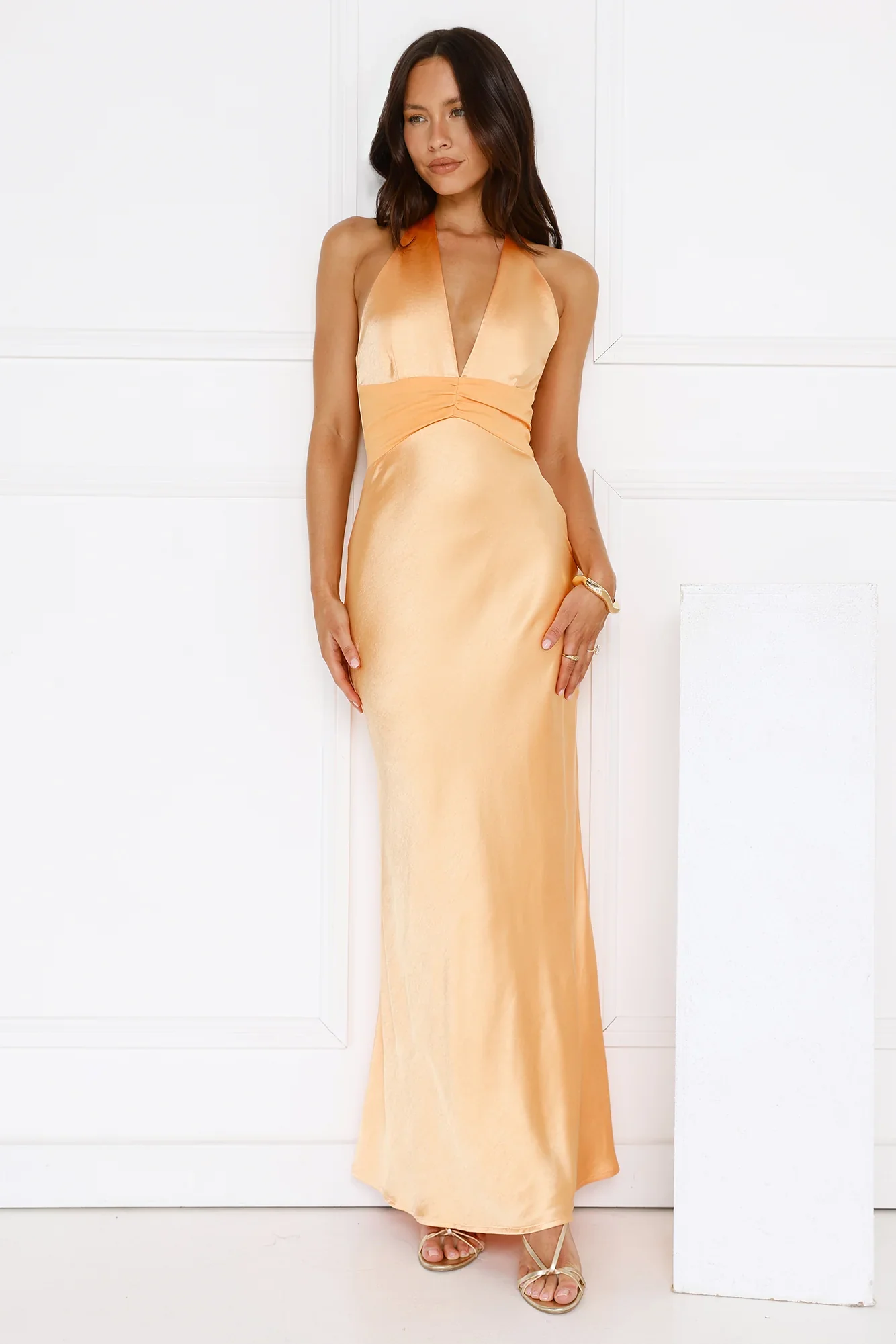 Spiced Sunset Satin Halter Maxi Dress