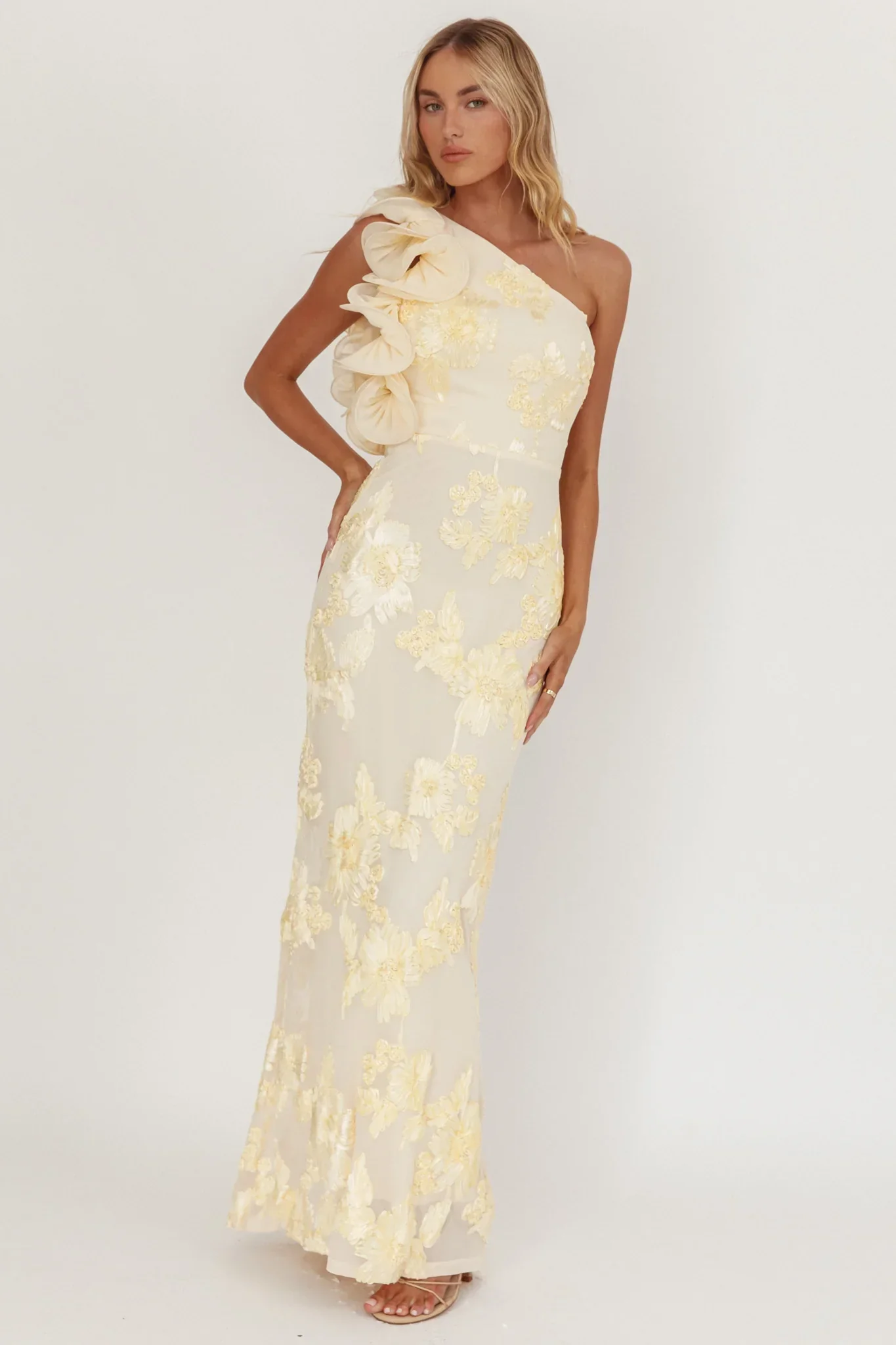 Deanna One-Shoulder Ruffle Maxi Dress Floral Texture Yellow