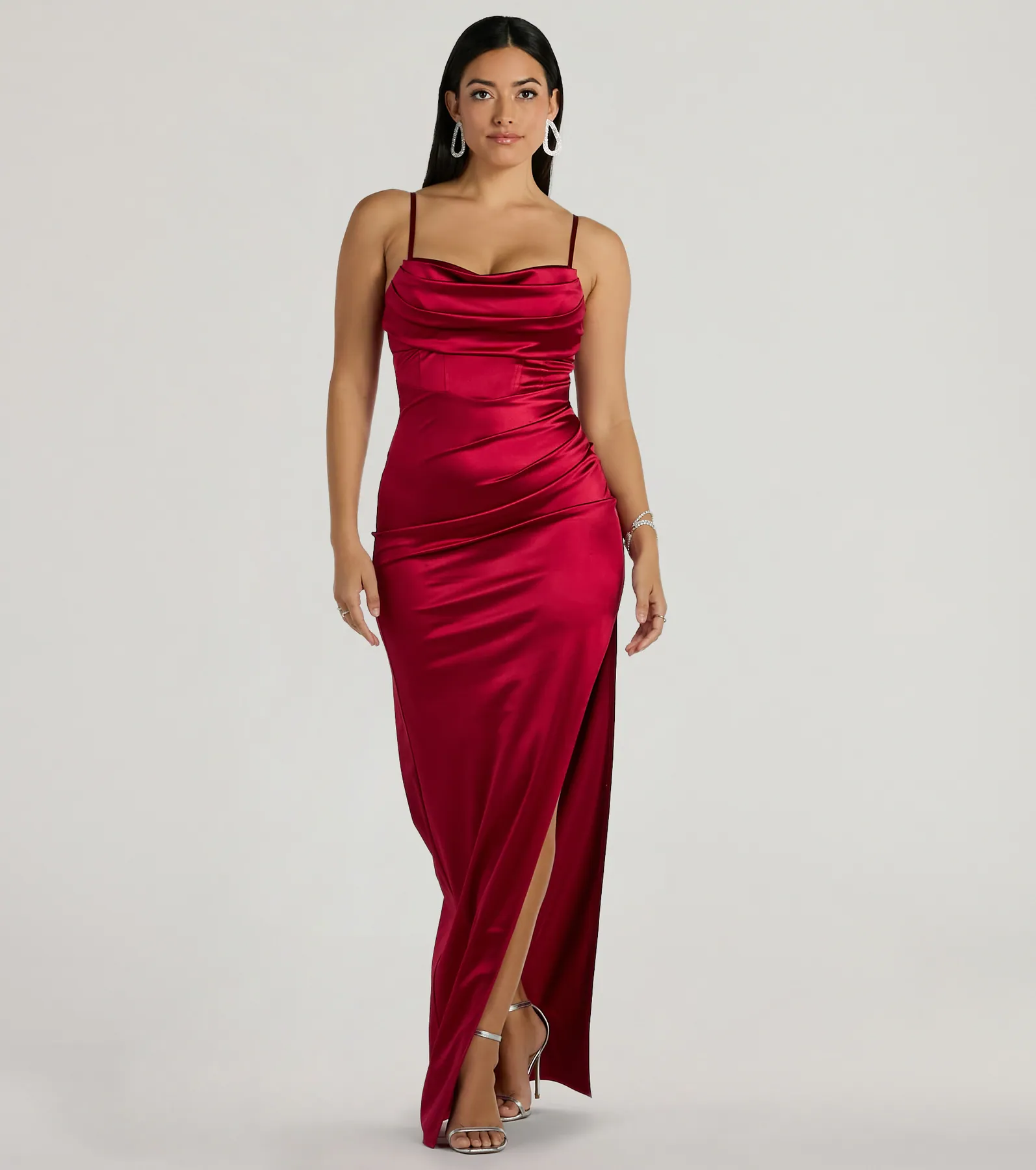 Iliana Cowl Neck High Slit Satin Column Dress