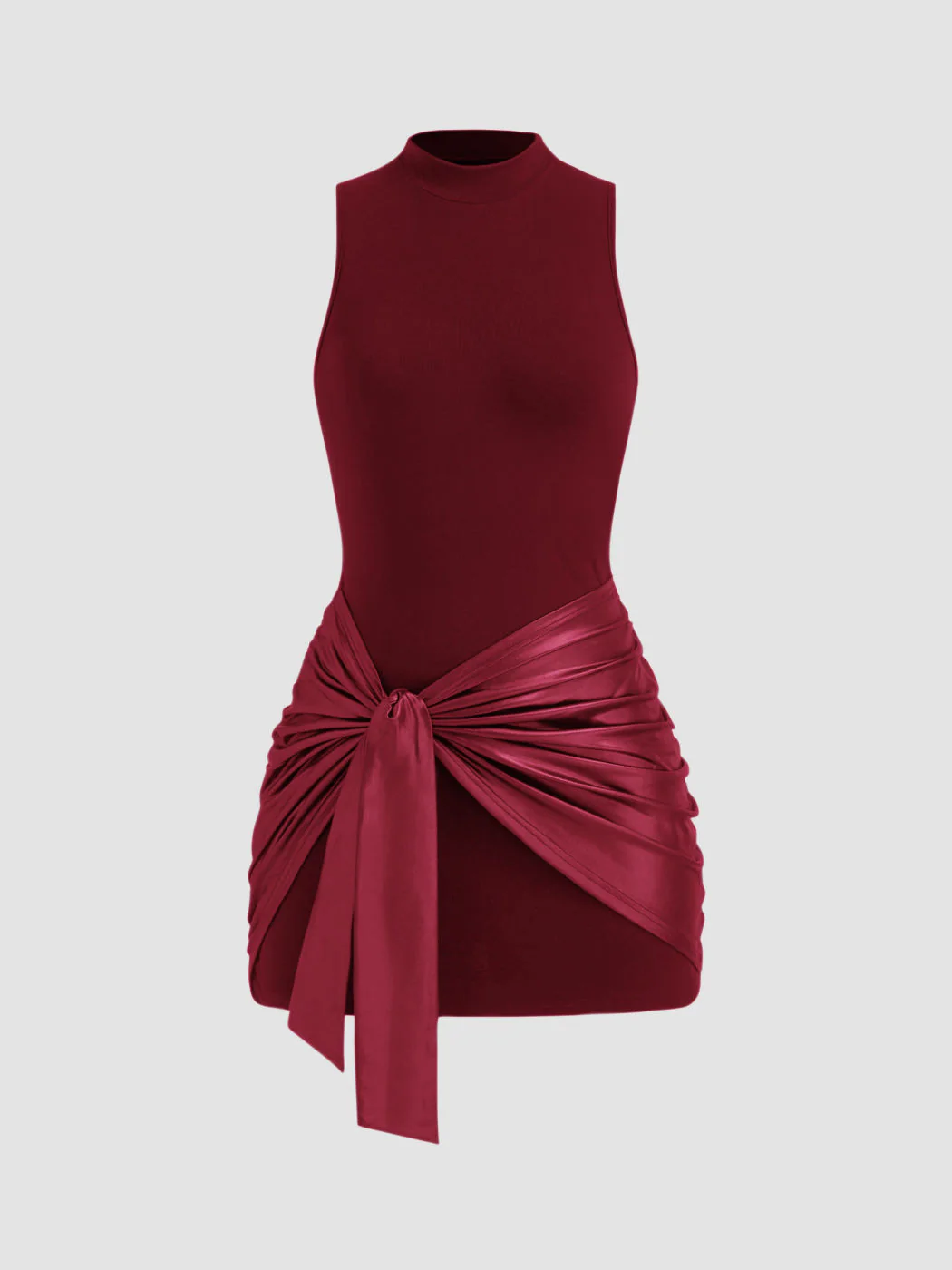 High Neck Ruched Knotted Mini Dress