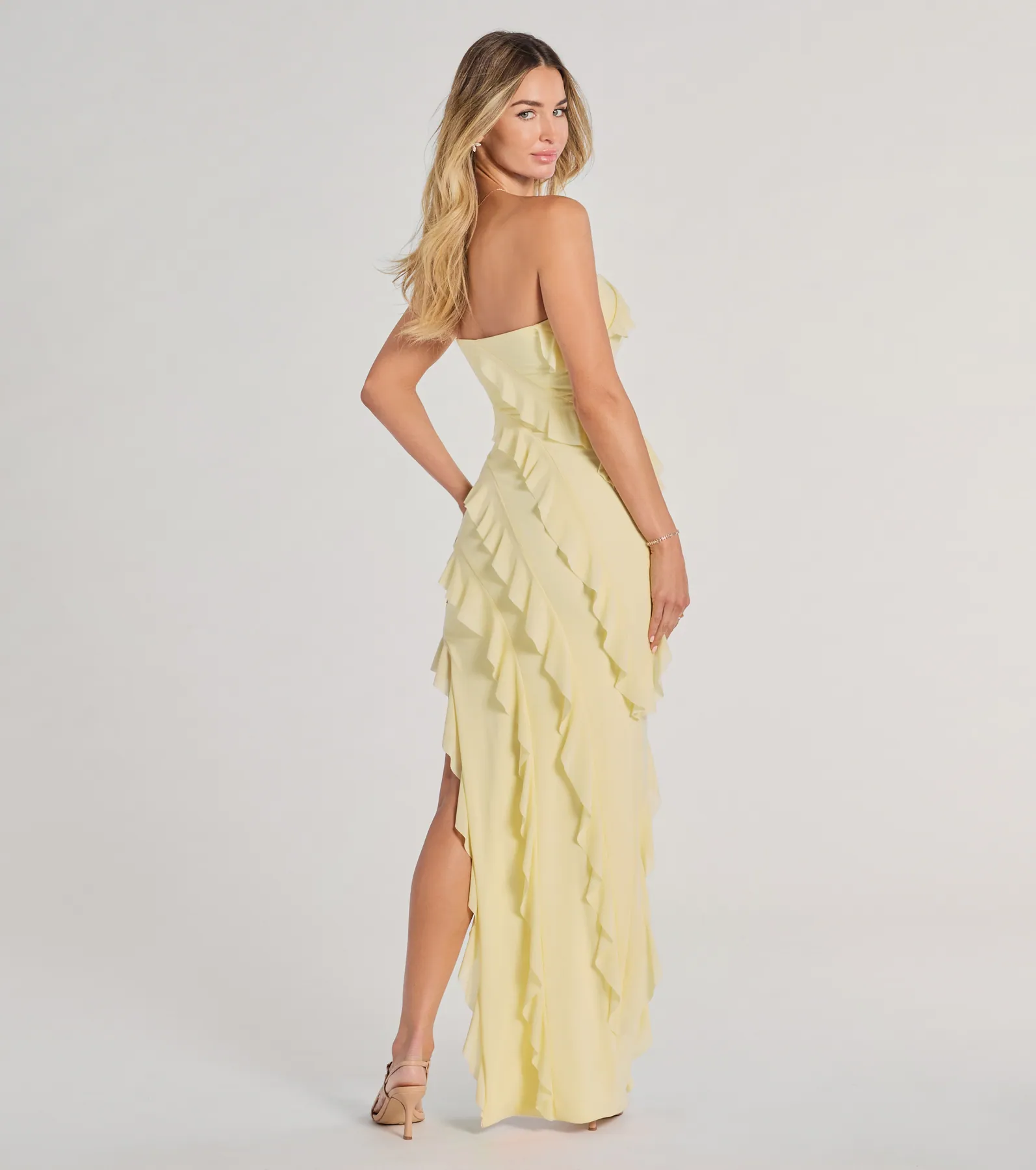 Gabby Formal Mesh Strapless Ruffle Long Dress
