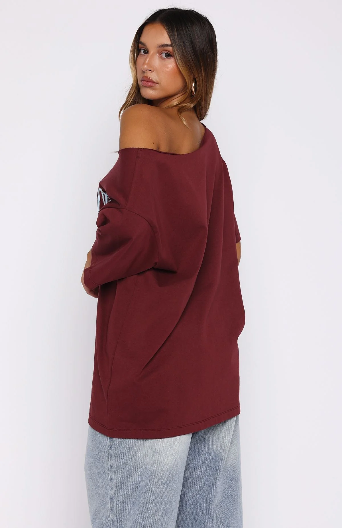 Everything In Time Off Shoulder Oversized Tee Burgundy