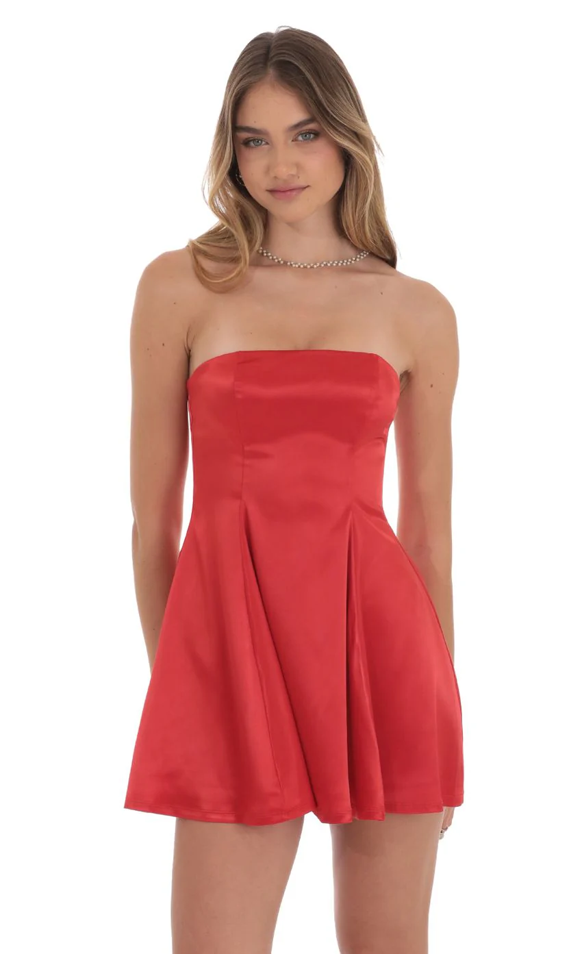 Strapless Satin Fit and Flare Dress in Red