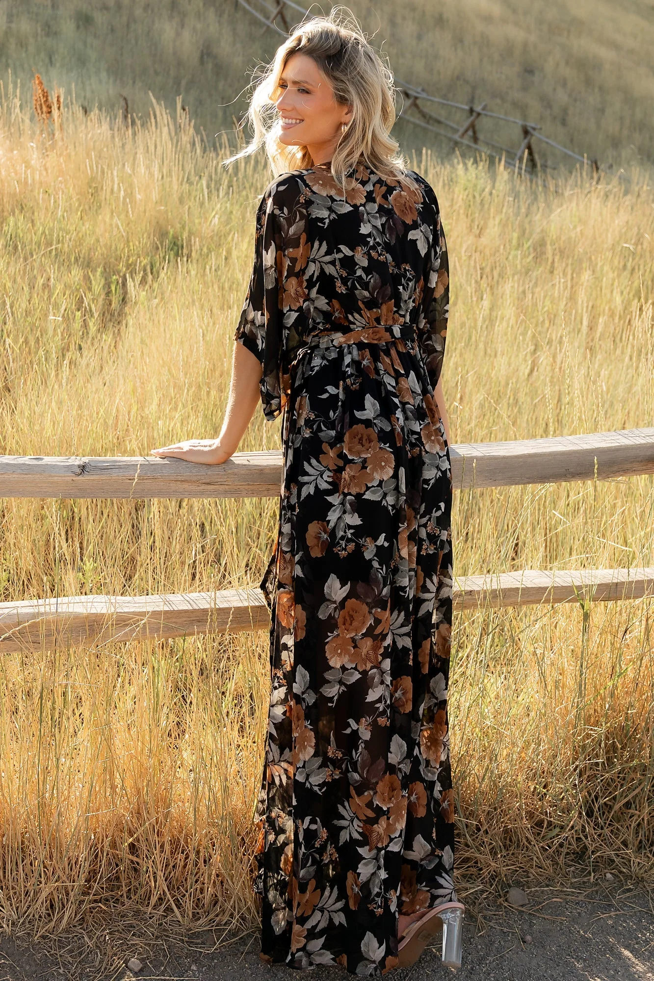 Kia Kimono Maxi Dress | Black + Copper Floral