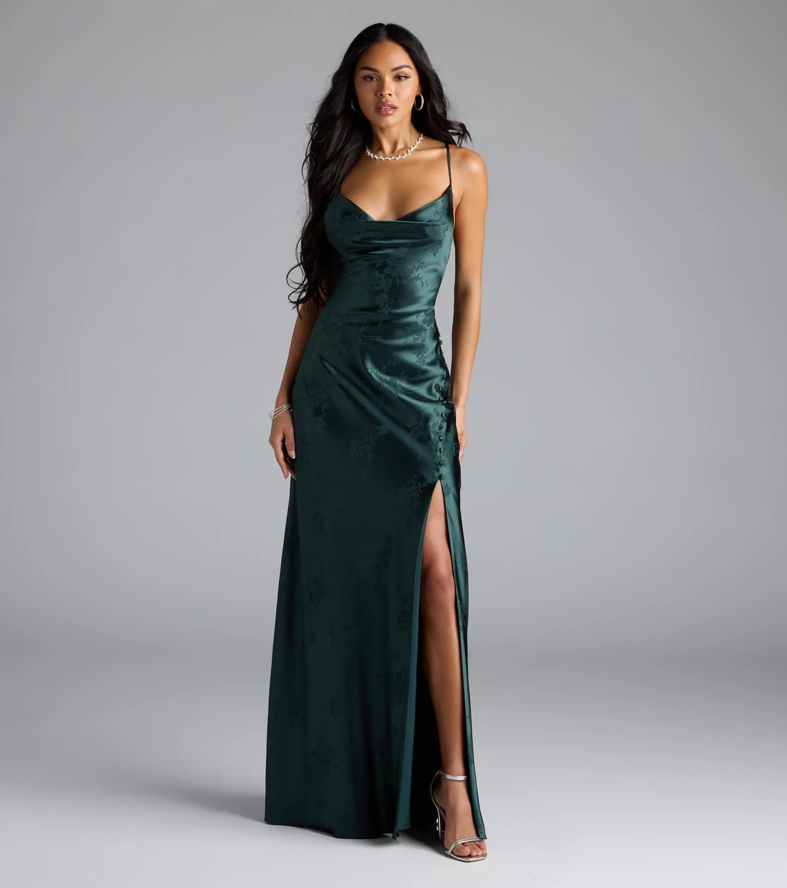 Gigi Cowl Neck Button Slit Satin Formal Dress