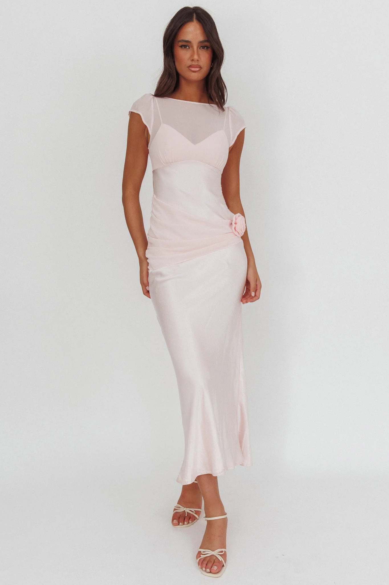 Enchanted Dusk Cap Sleeve Rosette Maxi Dress Pink