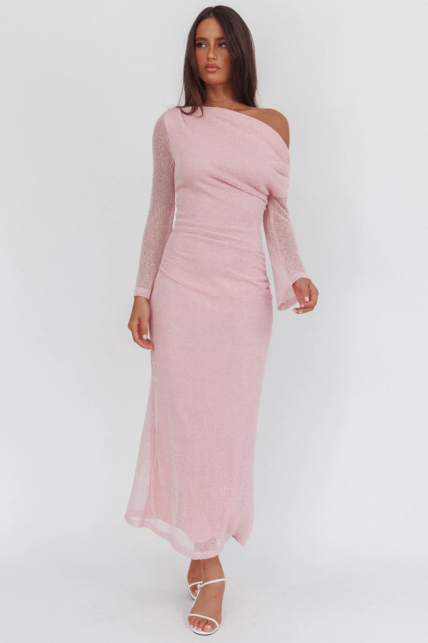 Alivya Asymmetric Neckline Knit Maxi Dress Pink