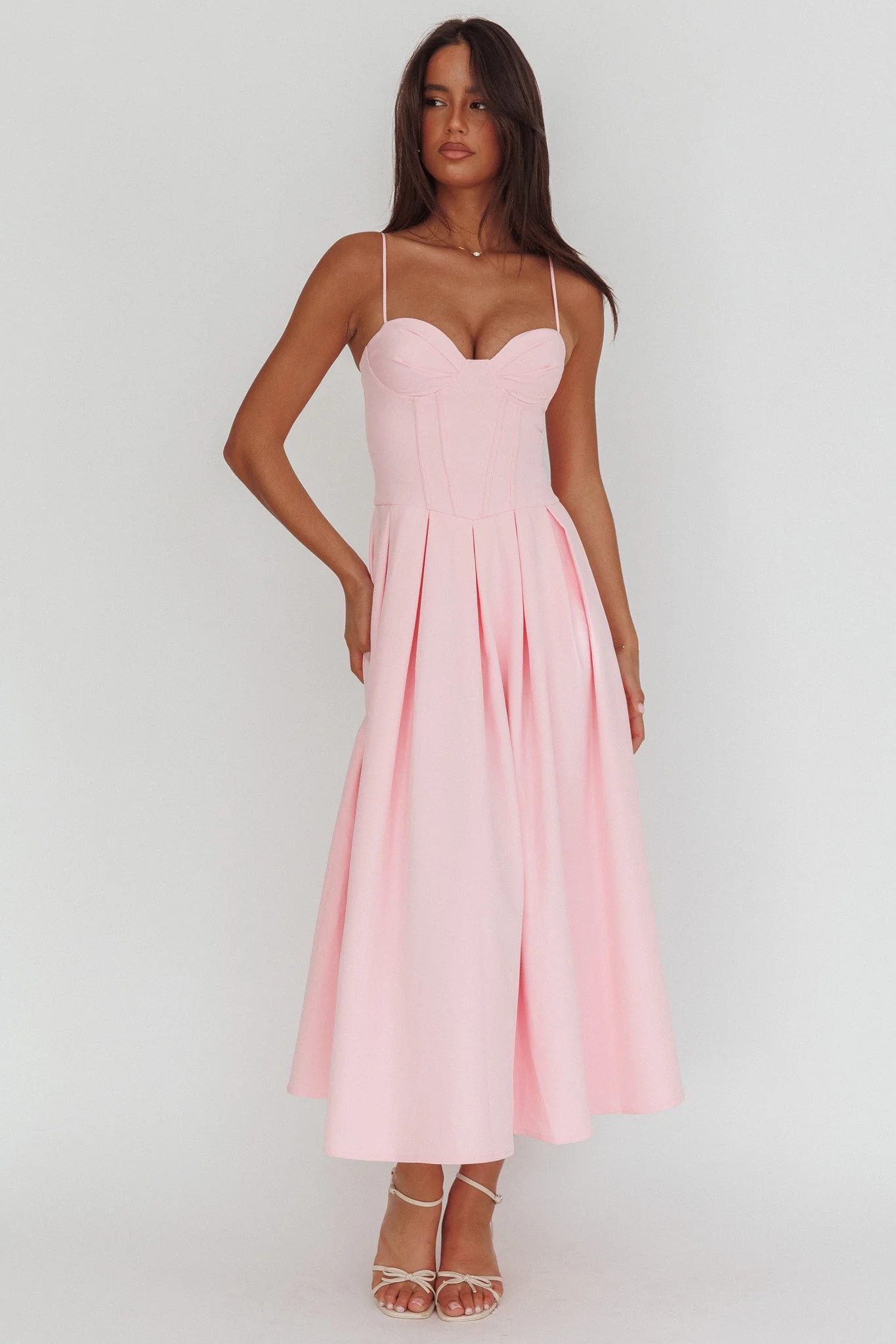Kearsy Box Pleat Sweetheart Neckline Midi Dress Pink