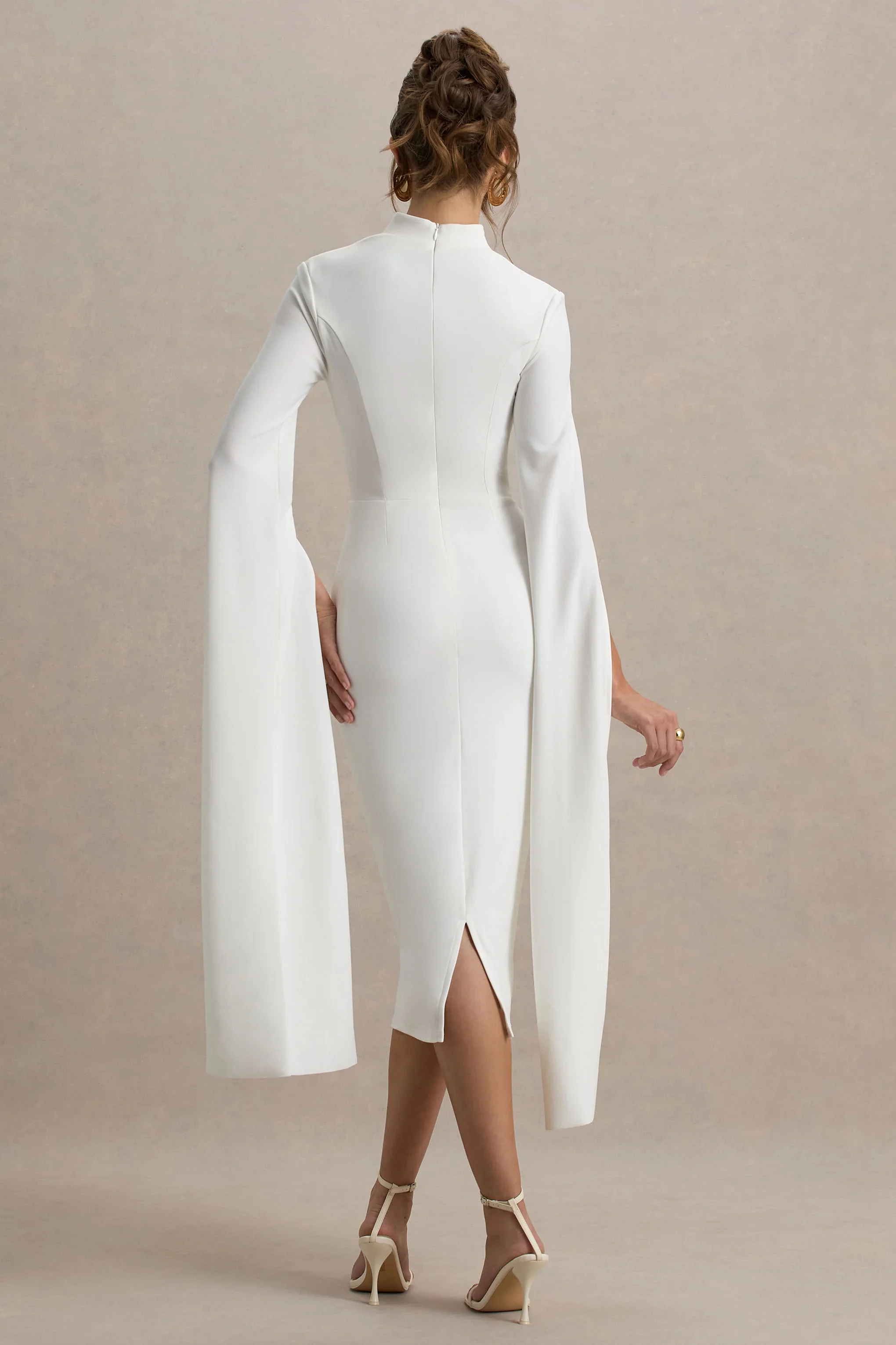 Linden | White Bodycon Cape-Sleeve Midi Dress